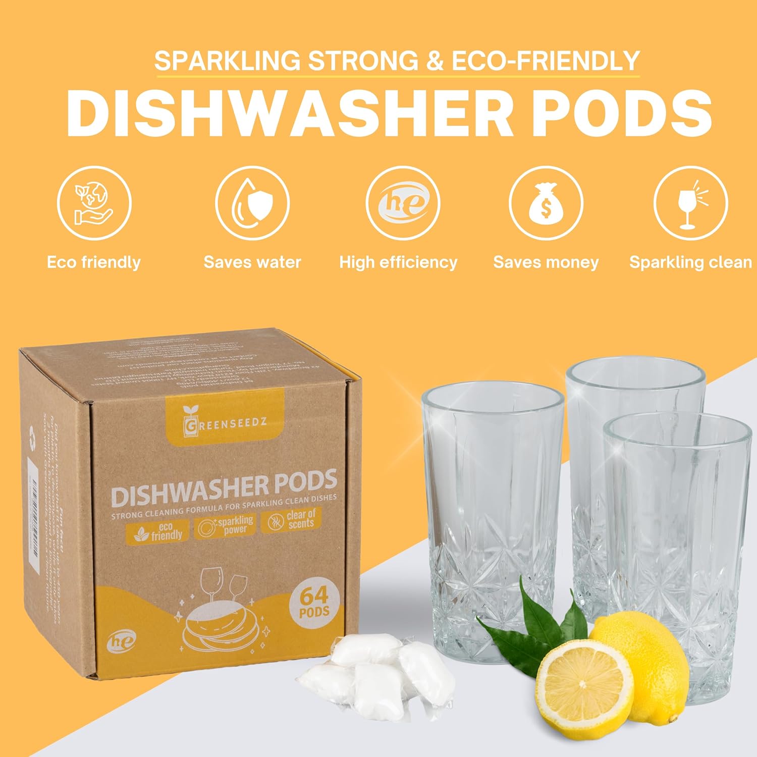 Cápsulas fuertes para lavavajillas, 64 unidades, aroma fresco, fórmula potente para platos limpios y brillantes, compatible con HE