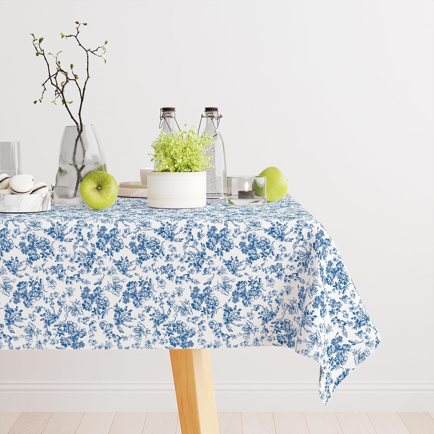 Mantel rectangular vintage azul y blanco, mantel floral azul rústico, lavable, resistente a las arrugas para restaurantes, picnic, comedor en