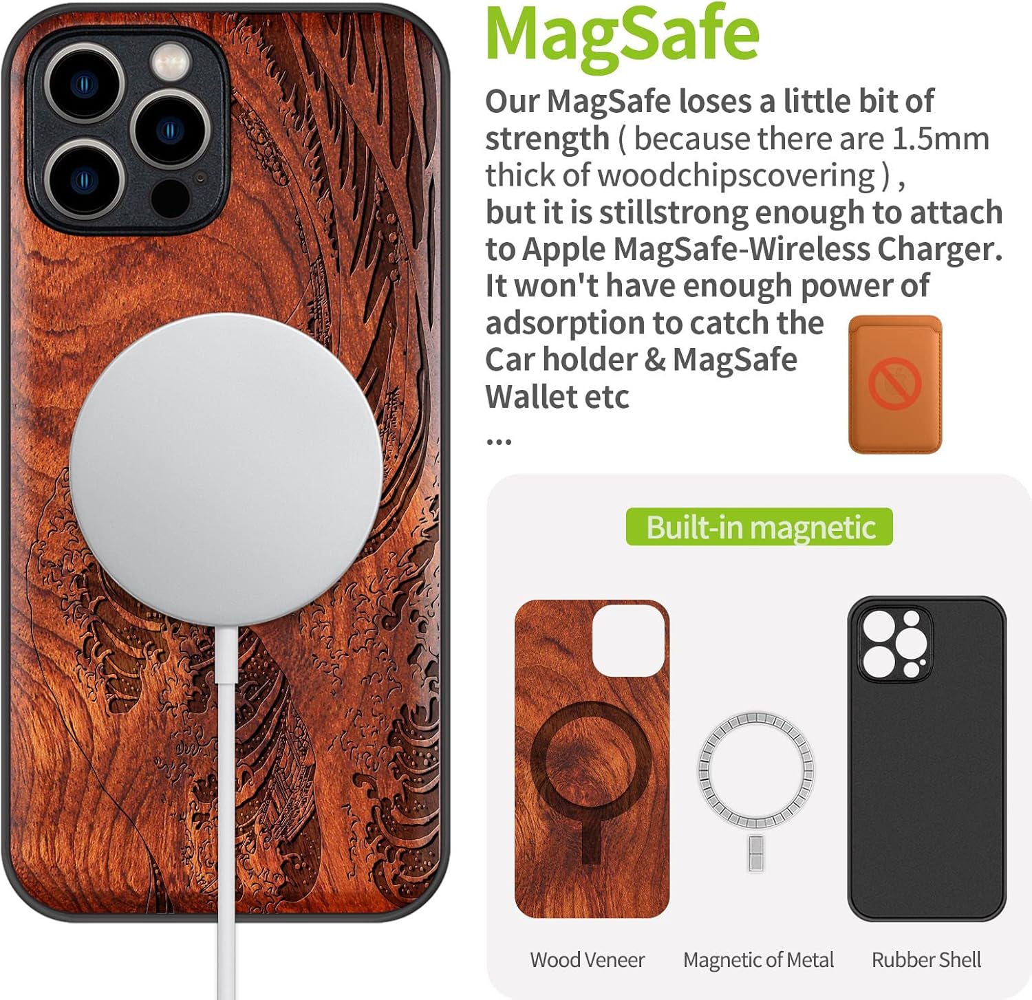 Carveit Funda magnética de madera para iPhone 12 Pro madera natural y TPU suave a prueba de golpes, funda protectora única y elegante de madera