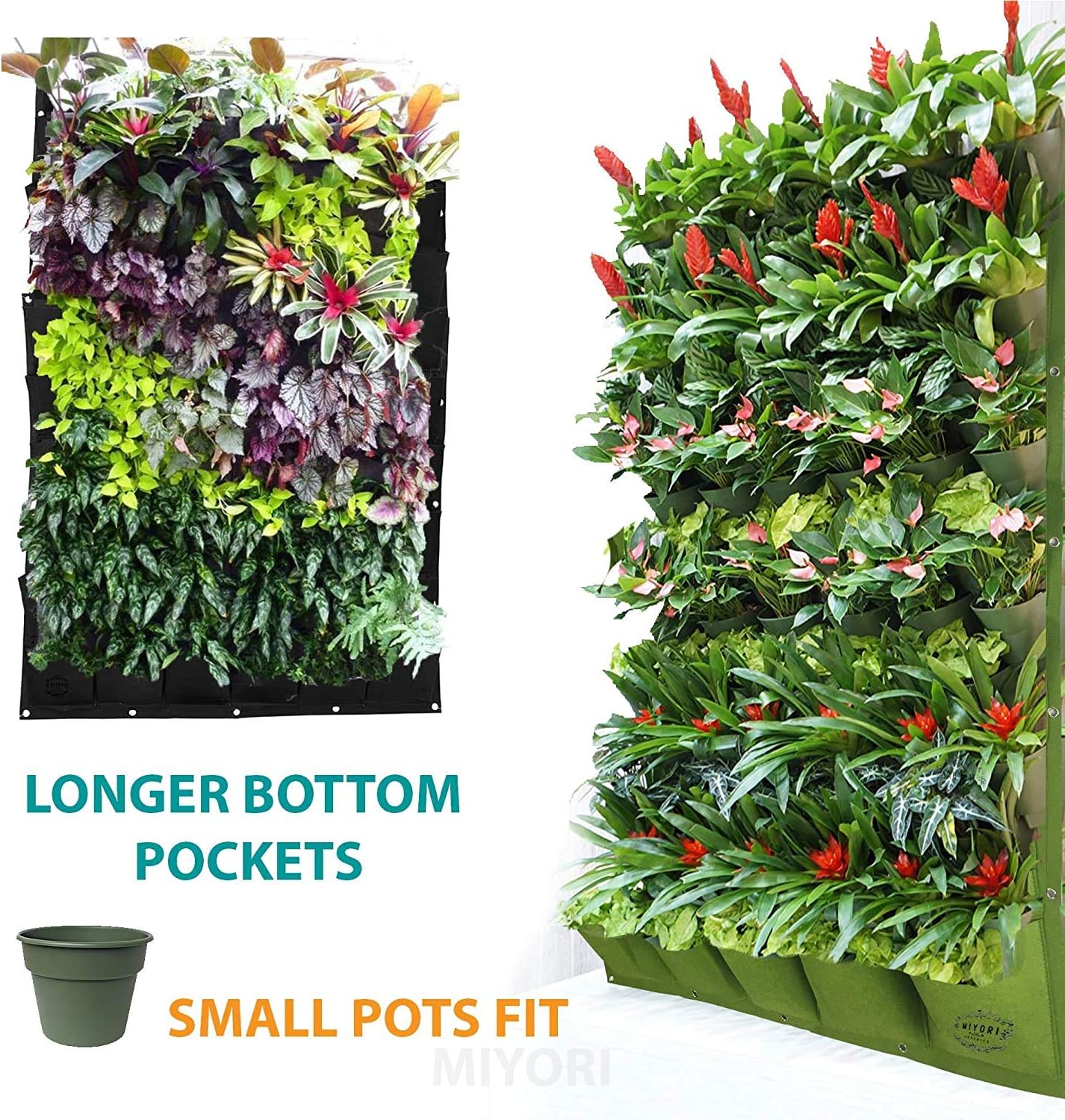 MIYORI Indi -36 bolsillos verticales -Maceta vertical colgante de pared de jardín -Colgador de valla con bolsillos de pared Kit de macetas de