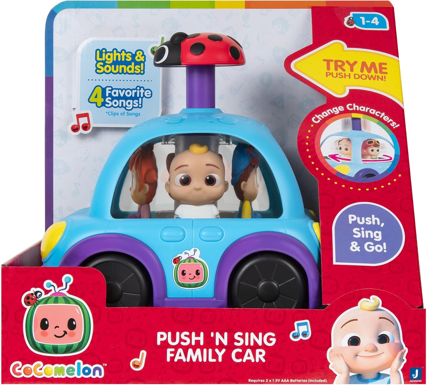 CoComelon Push ‘N Sing – Coche familiar interactivo musical iluminado, personajes favoritos de los fanáticos y clips de canción, juguetes para niños