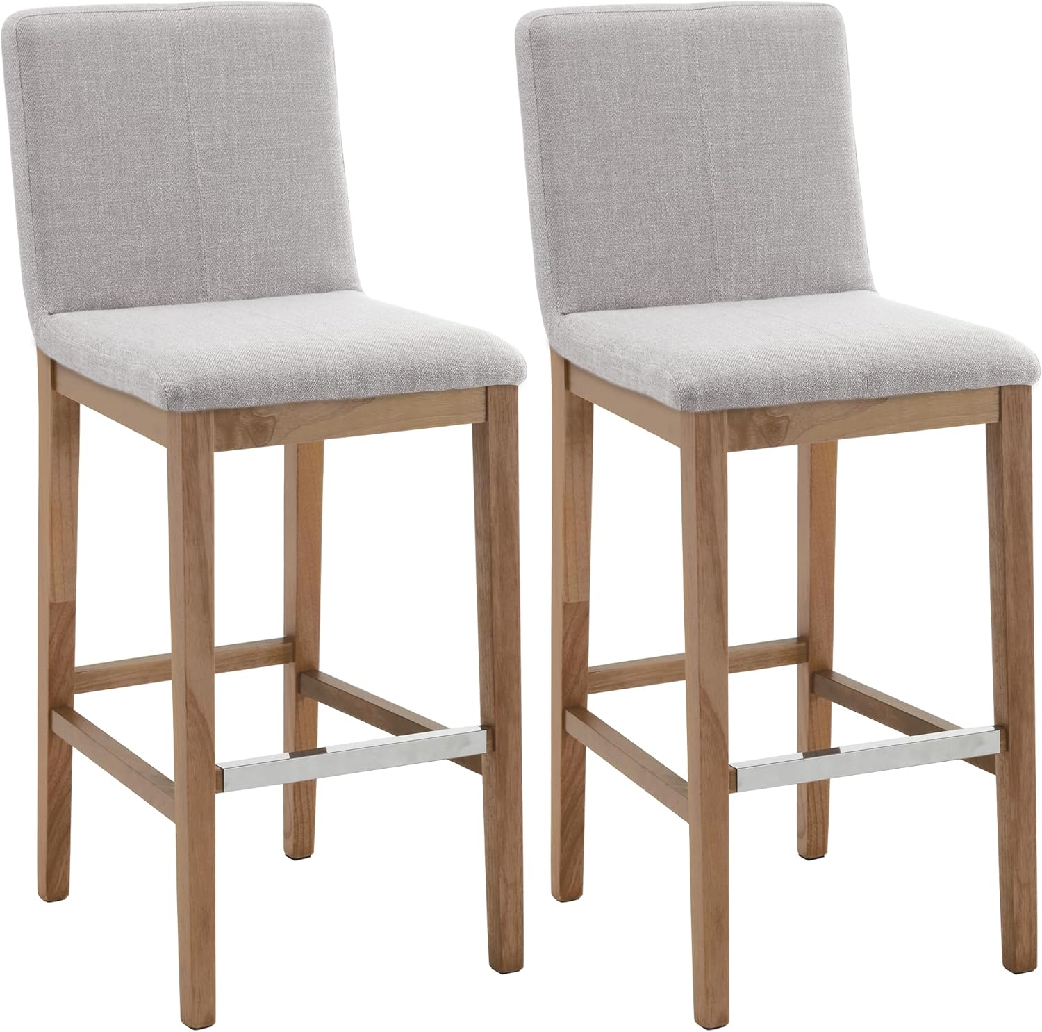 chairus Juego de 2 taburetes de bar altos de tela, taburetes de bar tapizados de lino con patas de madera maciza y respaldo para cocina, isla de