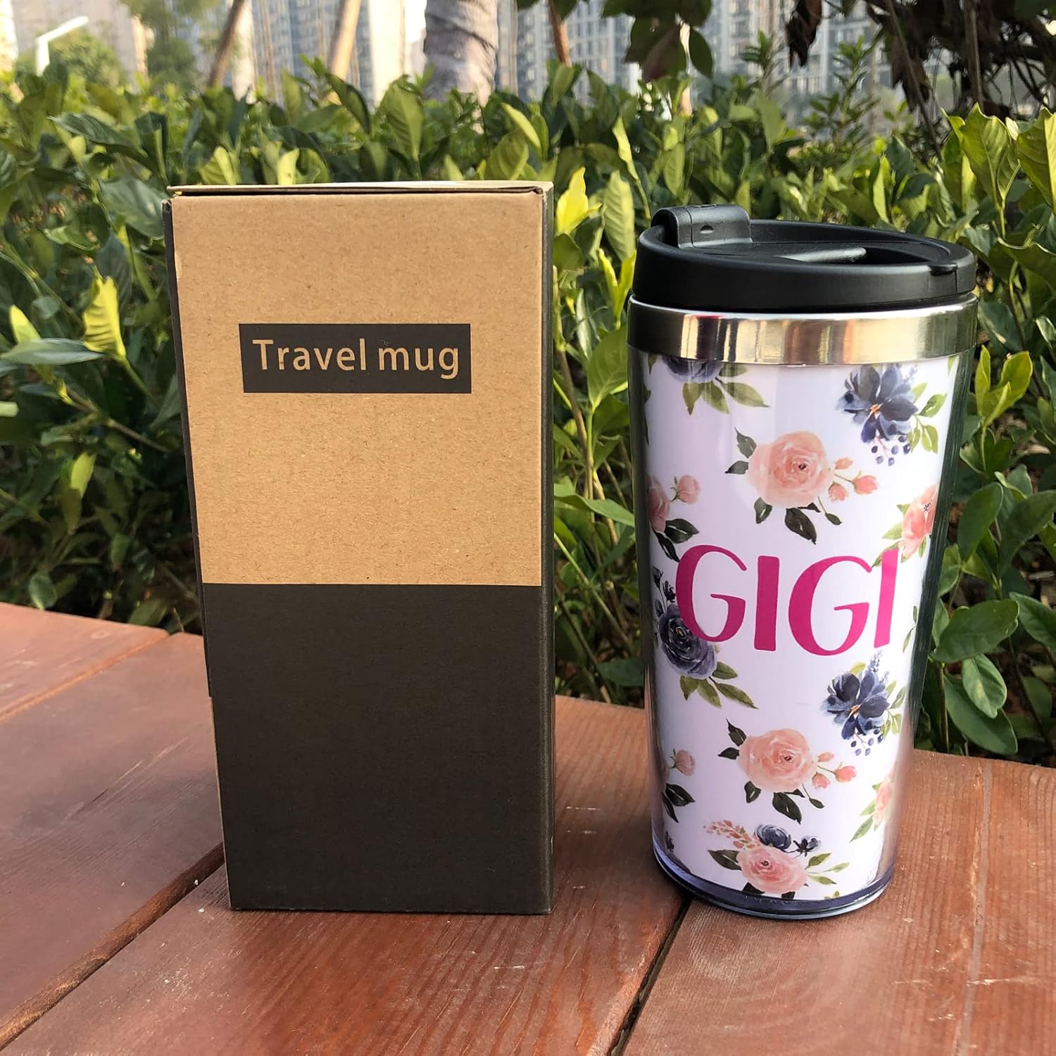 Yipaidel GiGi – Taza de café de viaje de acero inoxidable con diseño floral de acuarela azul, de 13 onzas, divertida botella de agua aislada, regalo