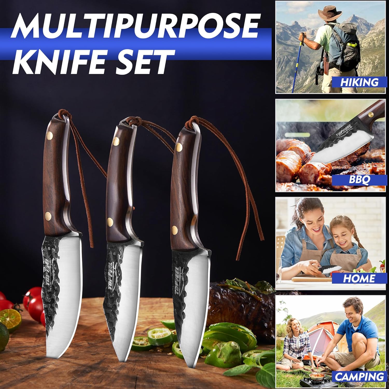 Topfeel Juego de 3 cuchillos vikingos con funda forjado a mano, cuchillo de carnicero para carne, cuchillo de cocina japonés para el hogar, al aire