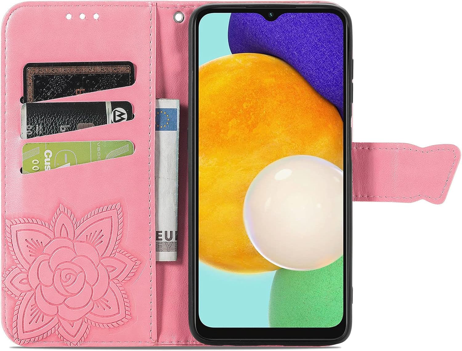 Funda diseñada para Samsung Galaxy A13 5G, correa de muñeca con función atril y función atril de piel sintética, para tarjetas de efectivo, funda