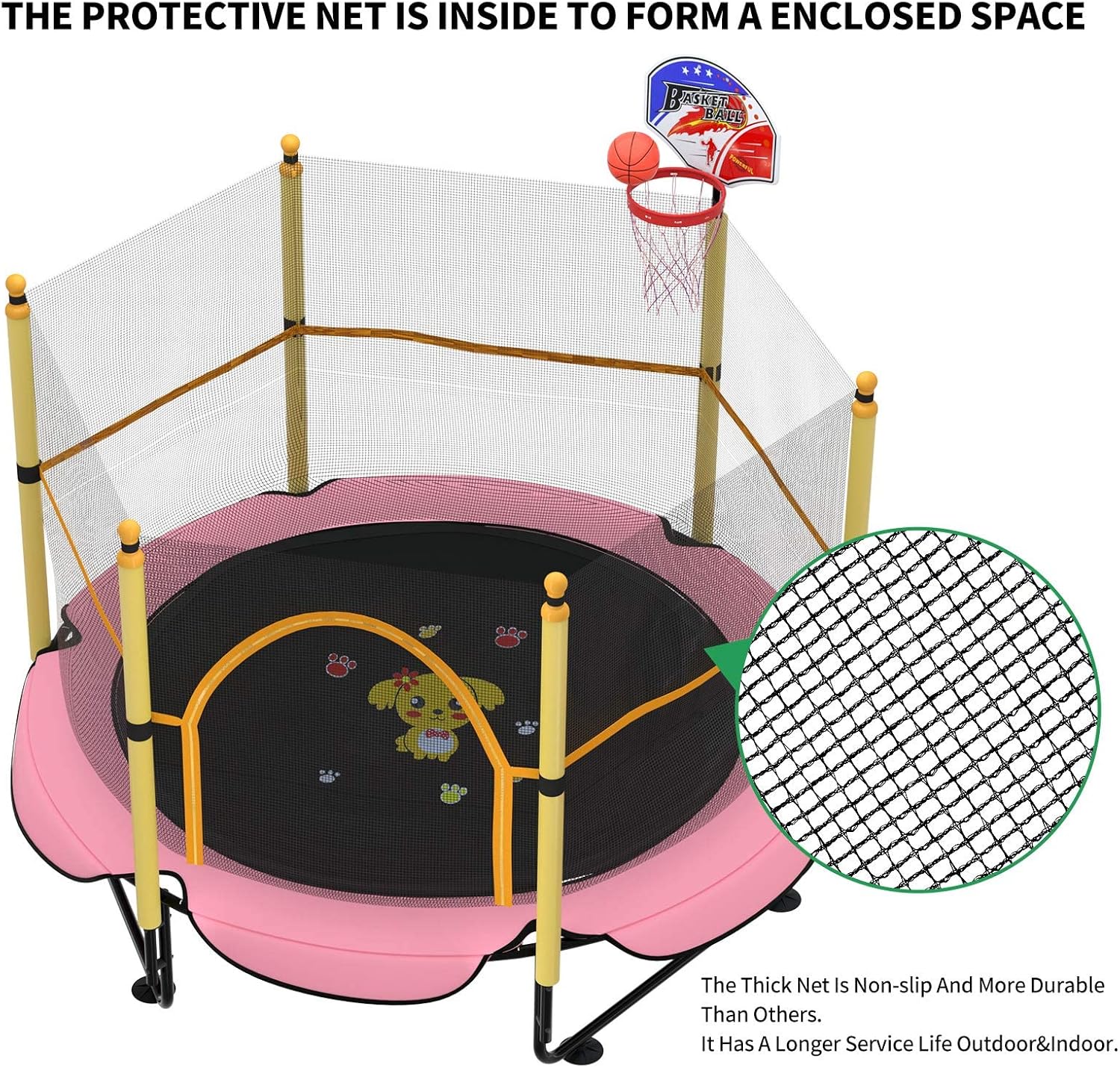 Kawuneeche Trampolín de 5 pies para niños pequeños con red de seguridad, mini aro de baloncesto, tapete de salto para equipo de entretenimiento en