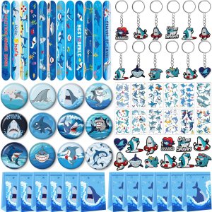 Shark Party Favors, Shark Birthday Party Supplies Serve 12, Include Slap Bracelets, Non-Duplicate Button Pins, Key Chains, Shoe Charms, Temporary Shark Party Favors, Shark Birthday Party Supplies Serve 12, Include Slap Bracelets, Non-Duplicate Button Pins, Key Chains, Shoe Charms, Temporary
