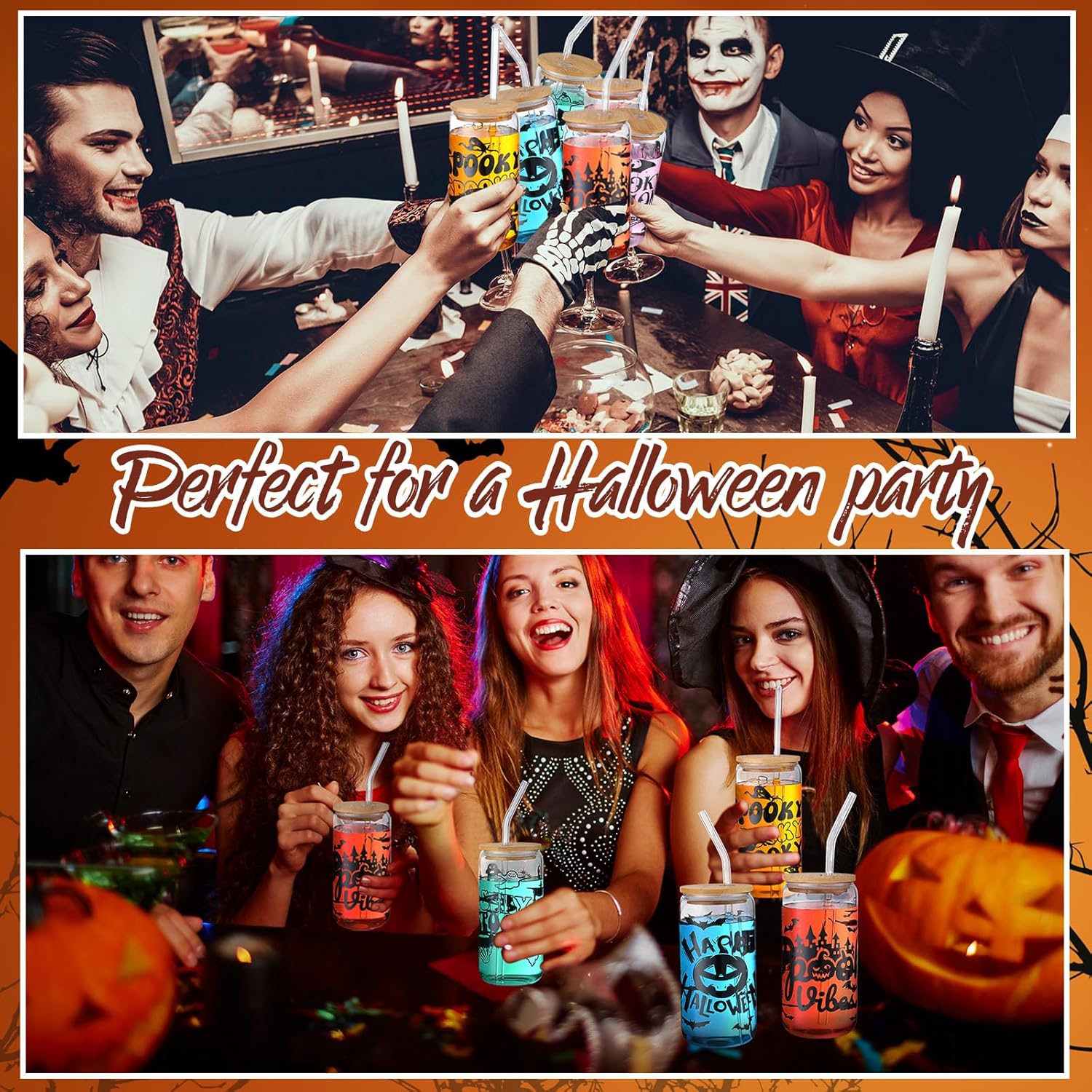 6 tazas de Halloween de 16 onzas, tarro de Halloween con tapa, popote para café, helado, cerveza, cristalería, galletas, regalo, botellas de agua