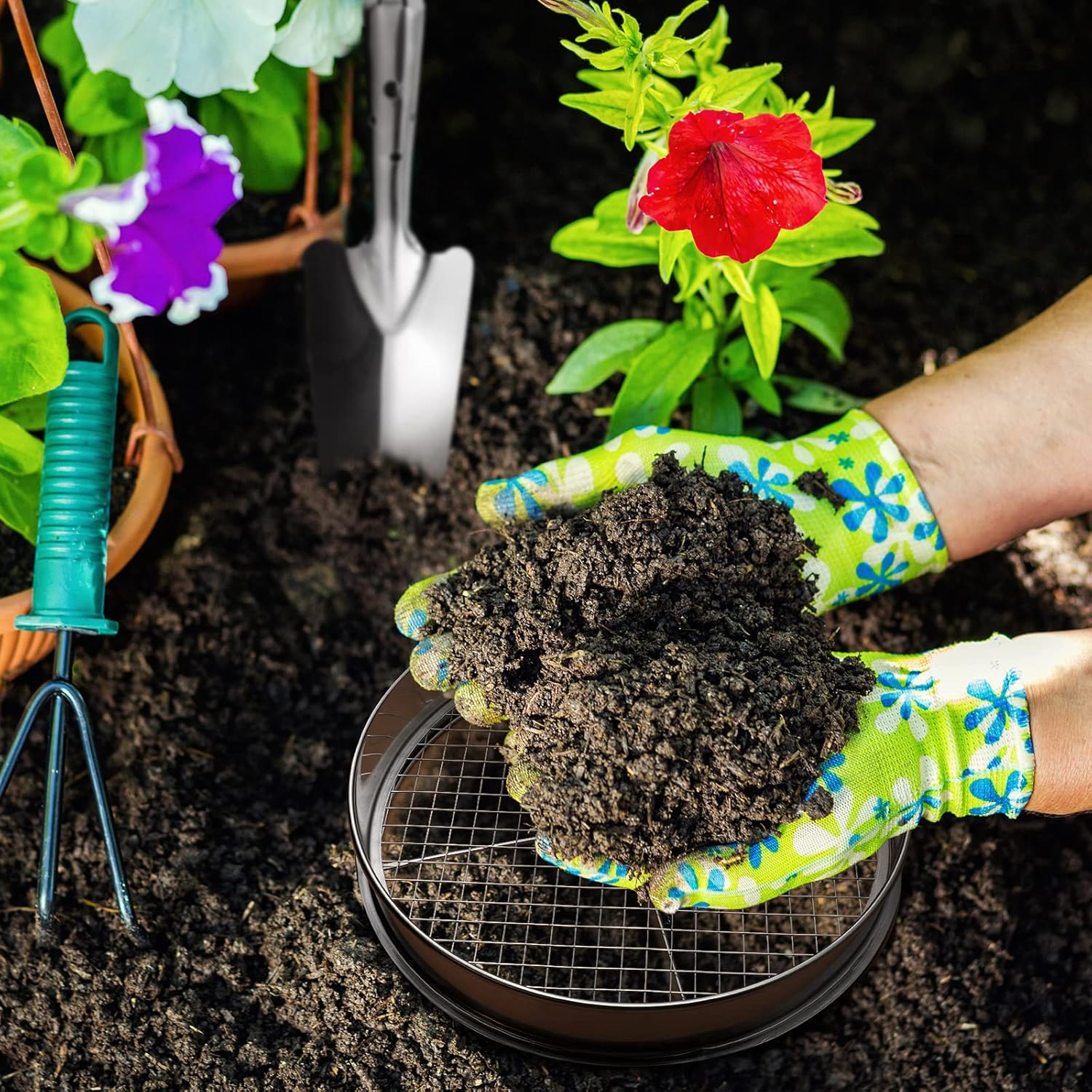 Juego de 10 tamices de acero inoxidable de 12 pulgadas para macetas de jardín con 8 filtros intercambiables de malla de tamaños 2, 3, 5, 6, 7, 9,