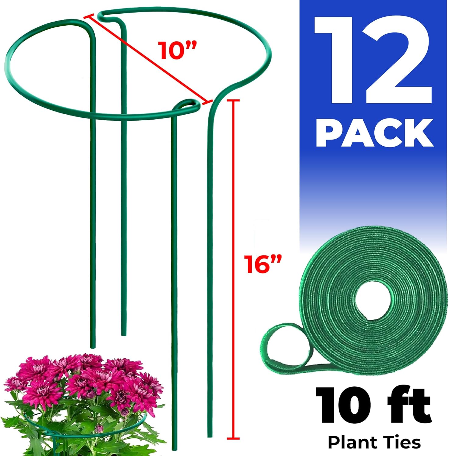Paquete de 12 estacas de soporte para plantas, anillo de soporte de peonía medio redondo resistente y jaula para plantas de interior y exterior,