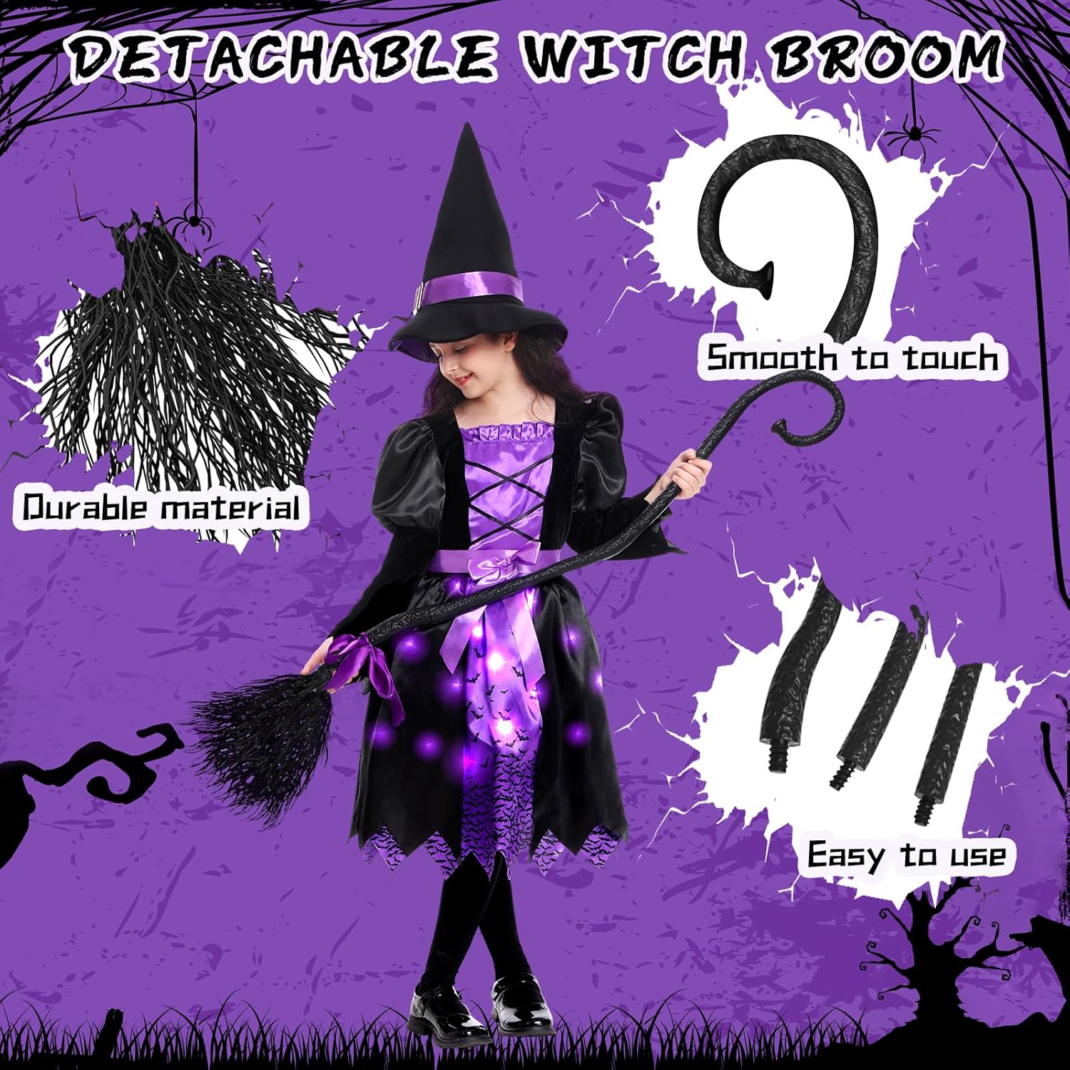 Disfraz de bruja de Halloween iluminado para niñas, conjunto de vestido de bruja con sombrero y escoba para fiestas de juegos de rol para niños
