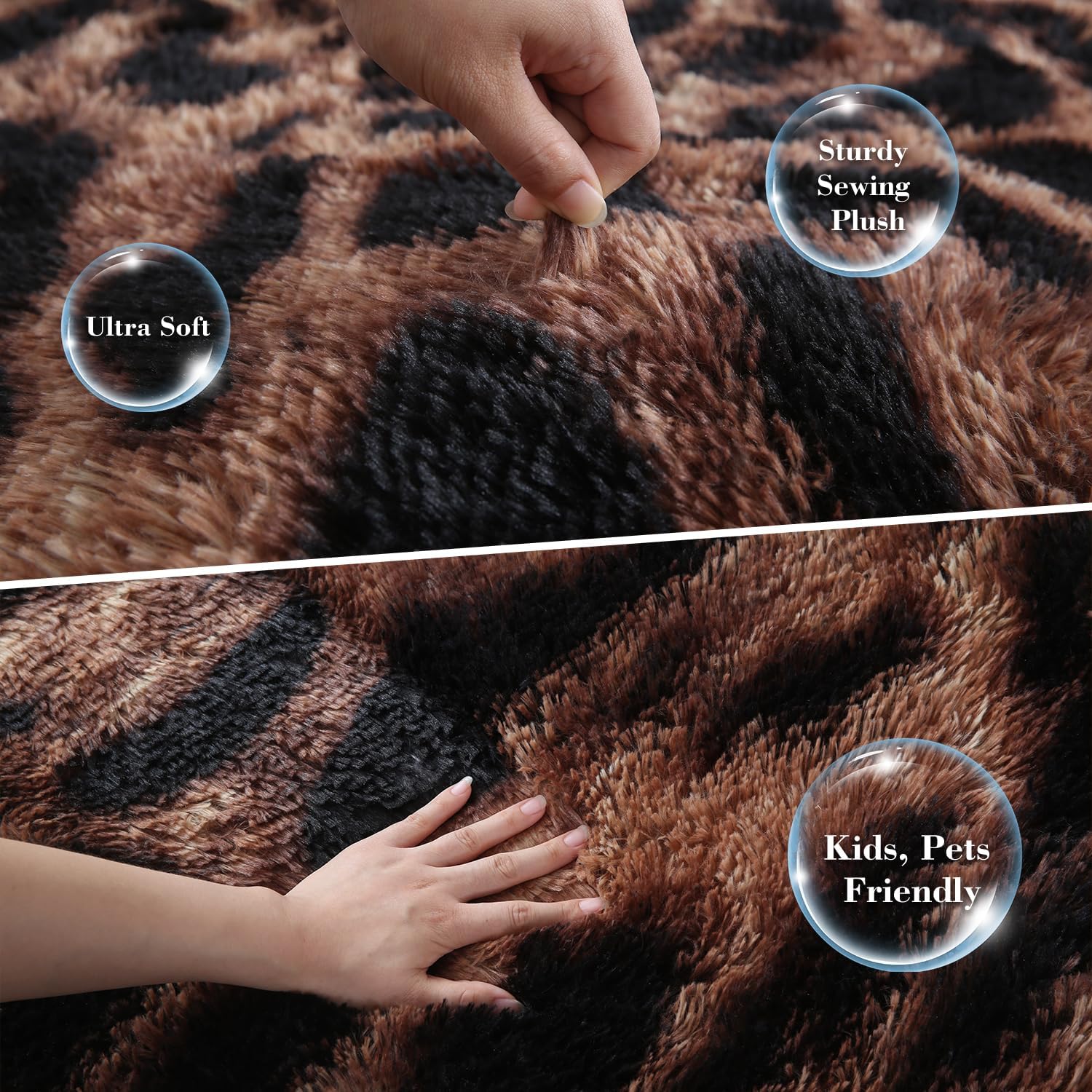 Alfombra de leopardo esponjosa de 3 x 5 pies para sala de estar, dormitorio, alfombra de área con teñido anudado marrón y negro de 3 x 5 pies,