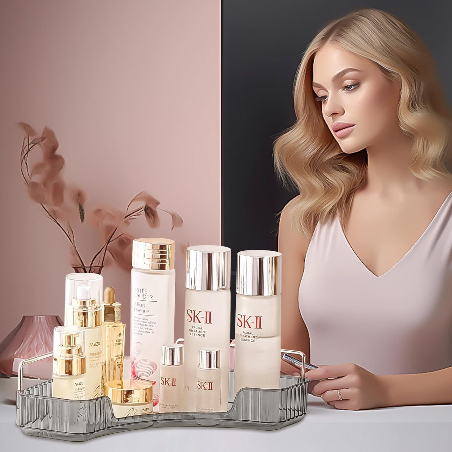 Organizador de esquina para encimera de baño, bandejas de tocador de 1 nivel para encimera de baño, organizador de maquillaje, bandeja de perfume,