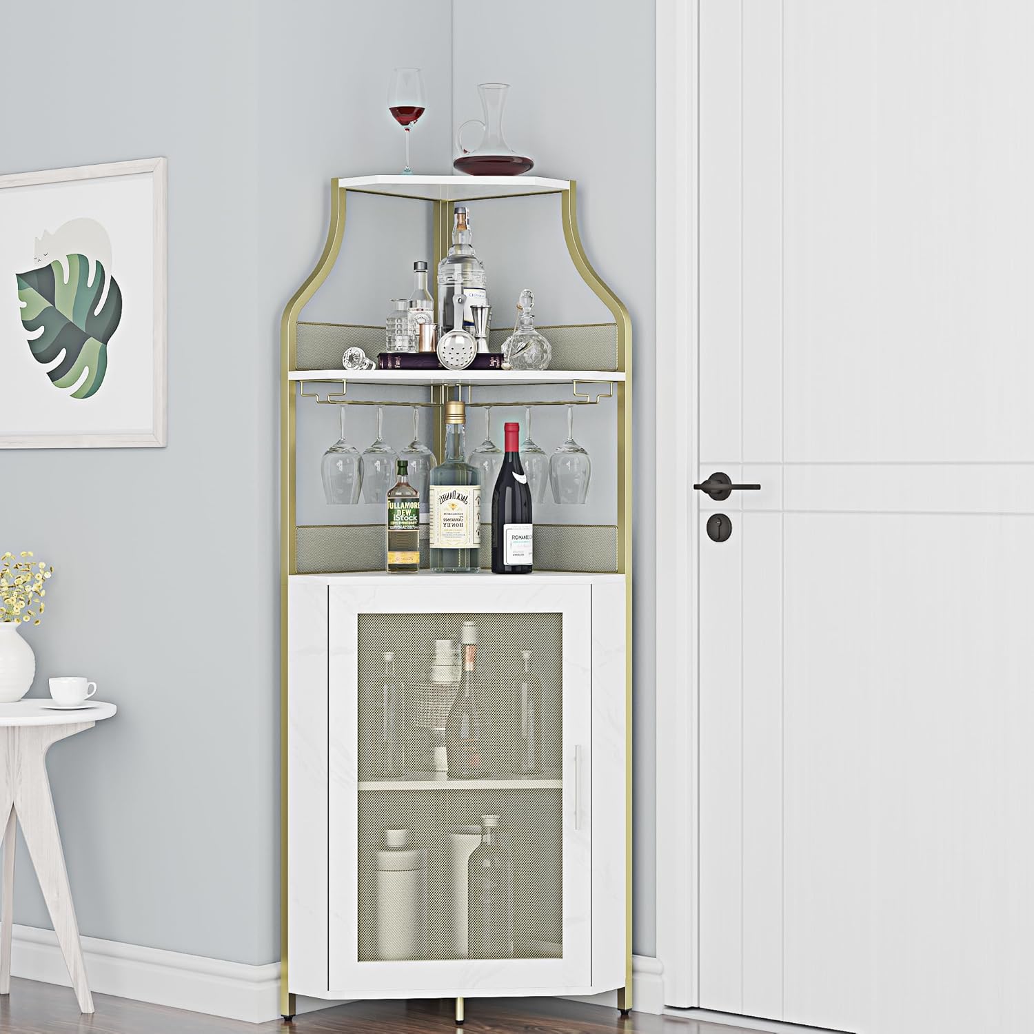 Armario esquinero para vino con estante extraíble para vino, gabinete de bar para copas de vino con estante de vidrio y puerta de malla, gabinete de