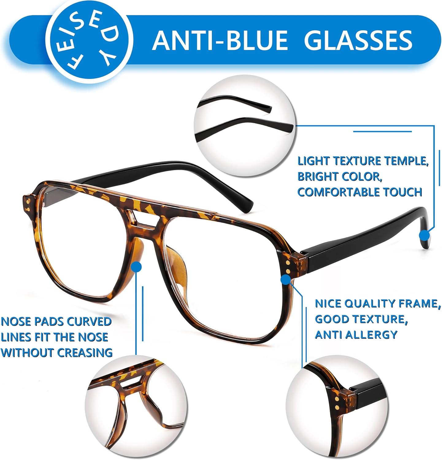 FEISEDY Retro Aviador Lectura Gafas Mujeres Hombres Azul Bloqueo Luz Lector Plástico Ligero Marco B0071