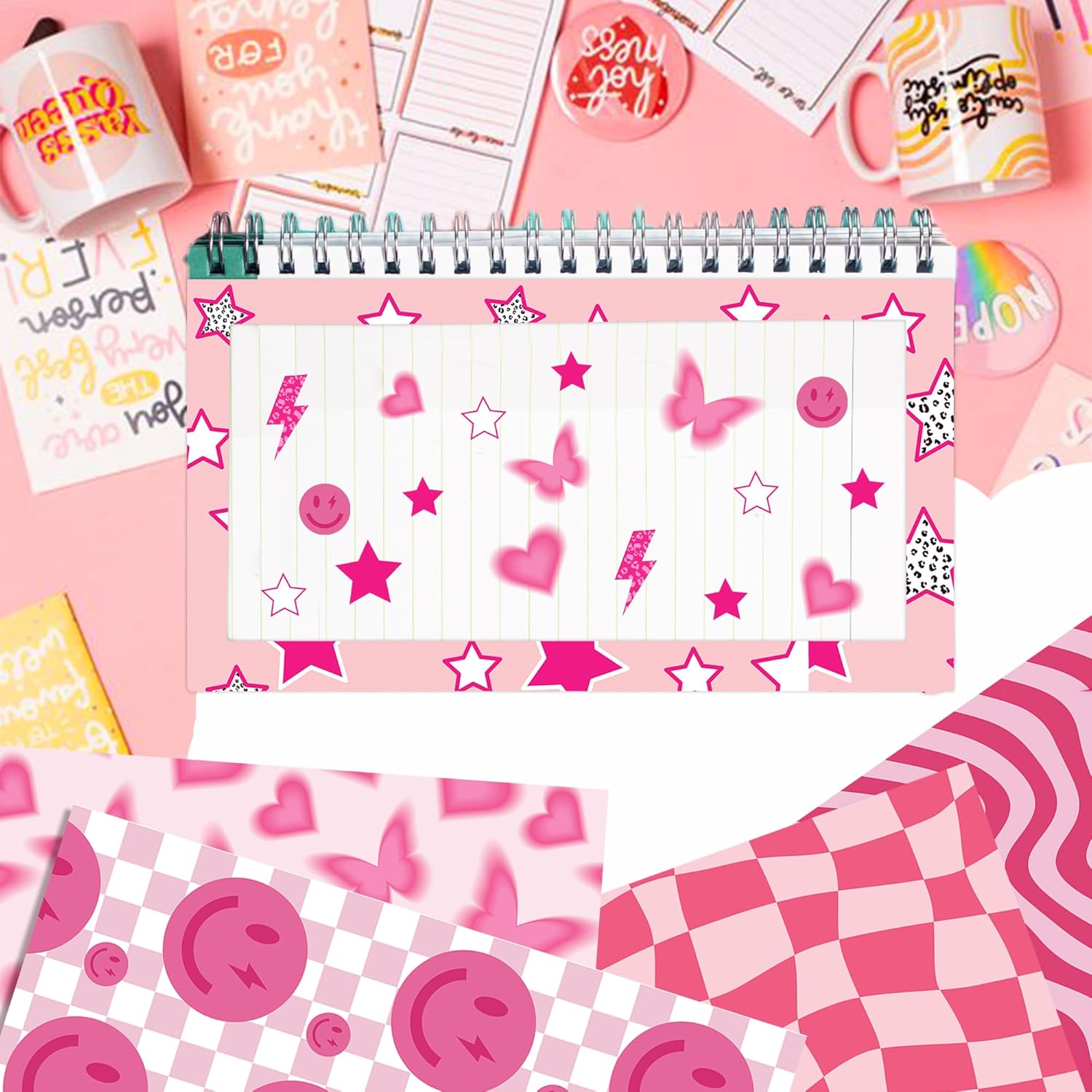 Bolsome 12 hojas de papel de regalo temático preppy, papel de regalo con diseño de leopardo y mariposa sonriente rosa para principios de la década