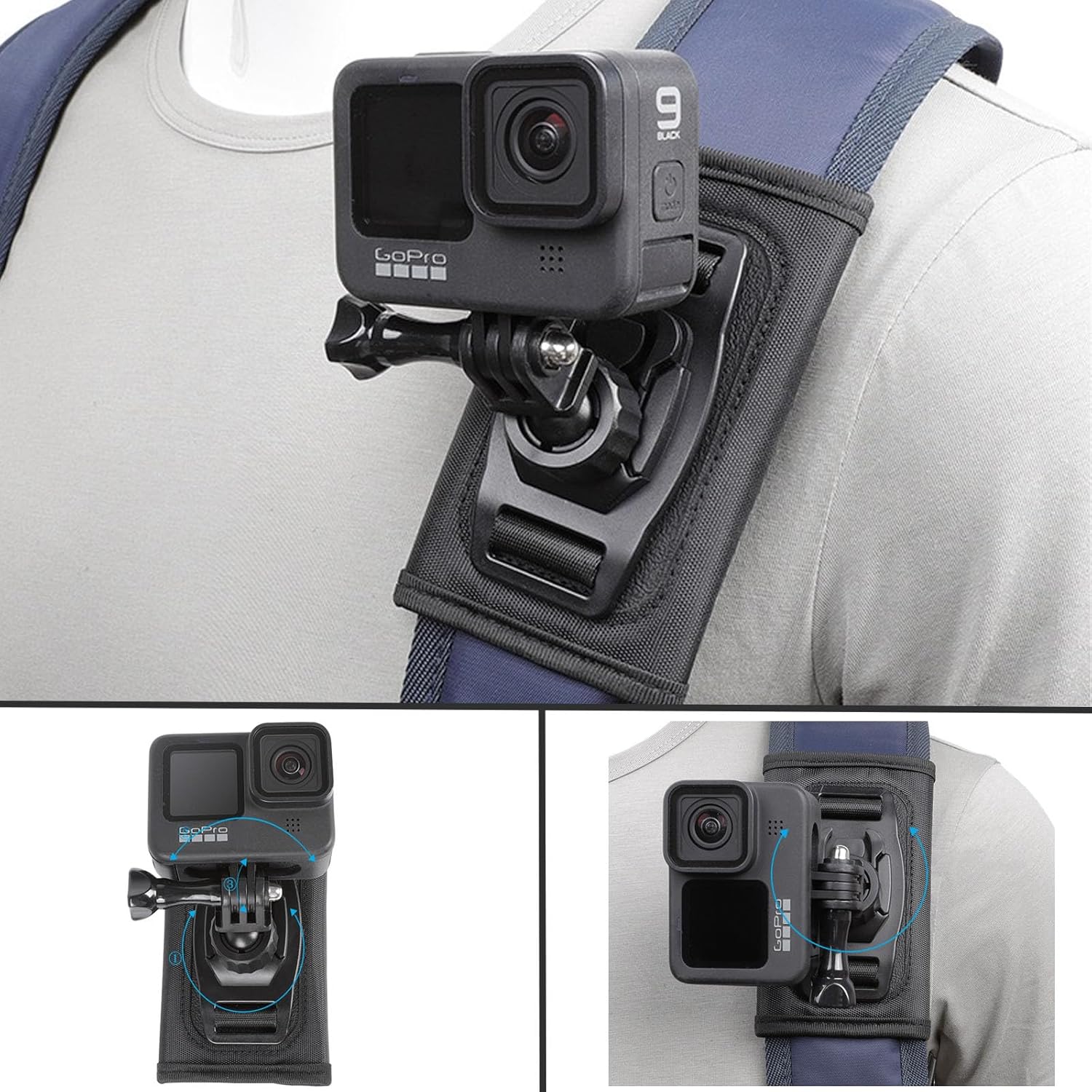 Soporte para correa de hombro para mochila 360 con clip de bolsa con base de adaptador de trípode de liberación rápida compatible con GoPro Hero 12