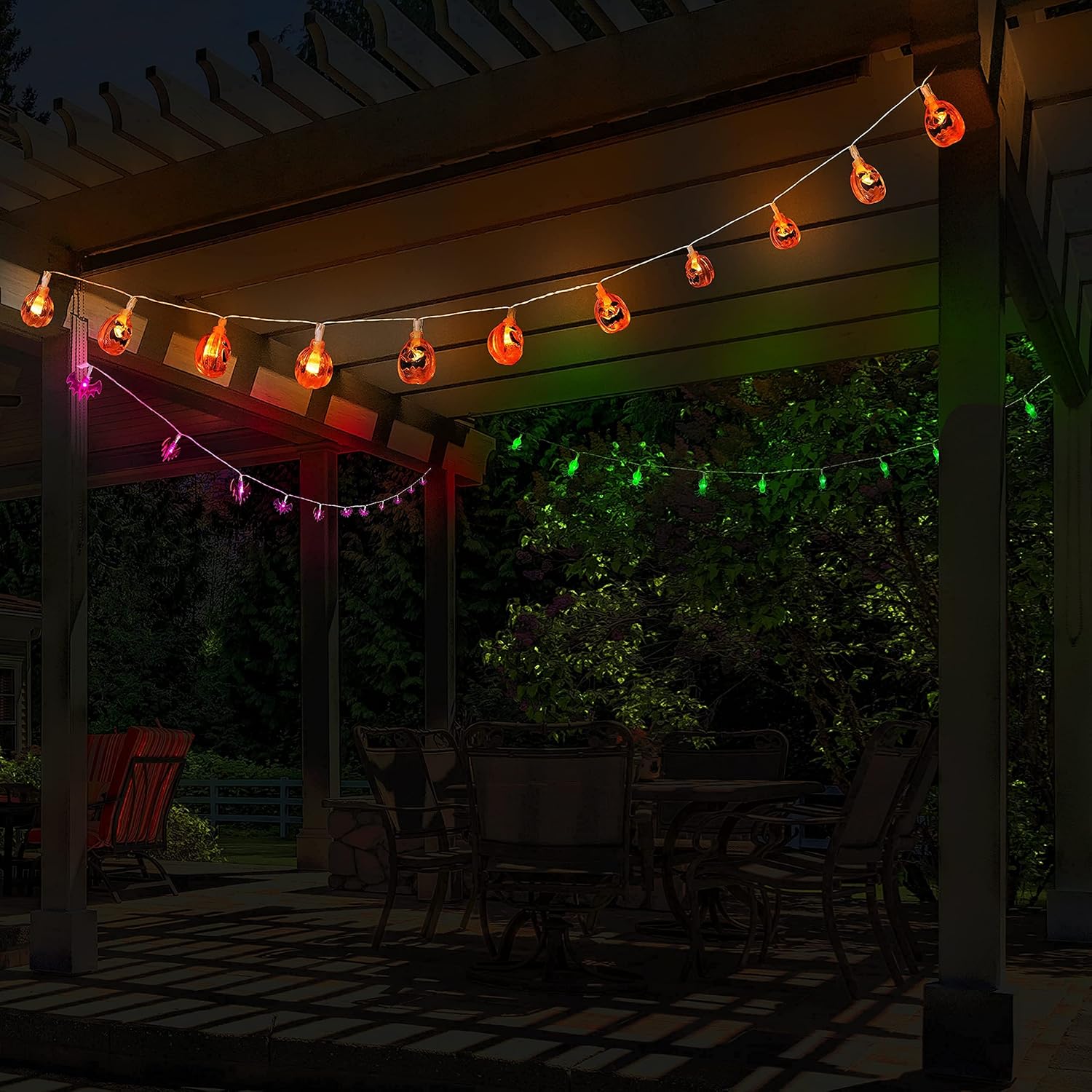 JOYIN Decoraciones de luces de Halloween, juego de 4 tiras de luces a pilas (calabaza murciélago fantasma araña) con temporizador, 4 x 15 pies, 8