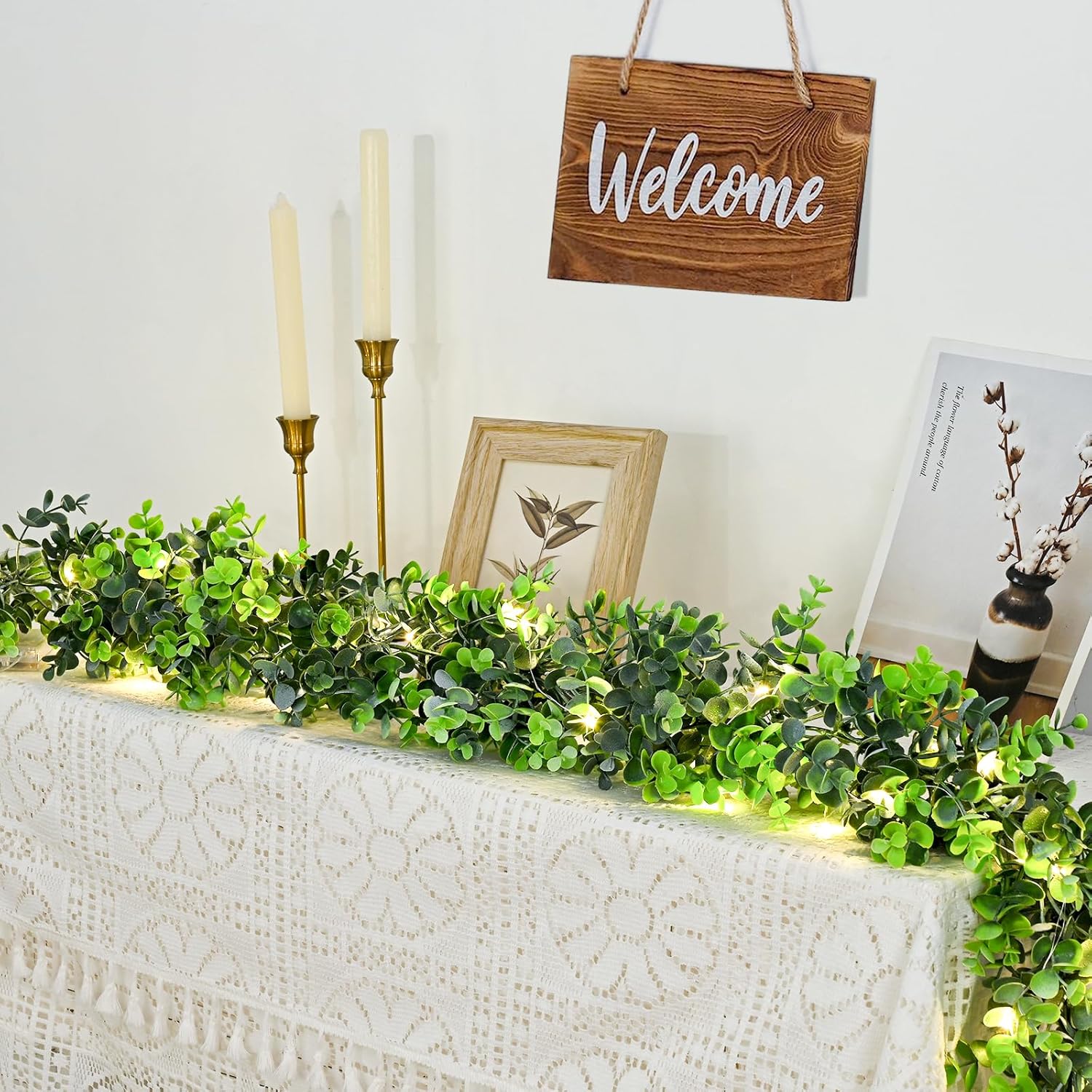 BLEUM CADE Paquete de 5 guirnaldas de eucalipto con luces, 5.9 piesunidad, guirnalda de vid de eucalipto falsa colgante para decoración de boda,