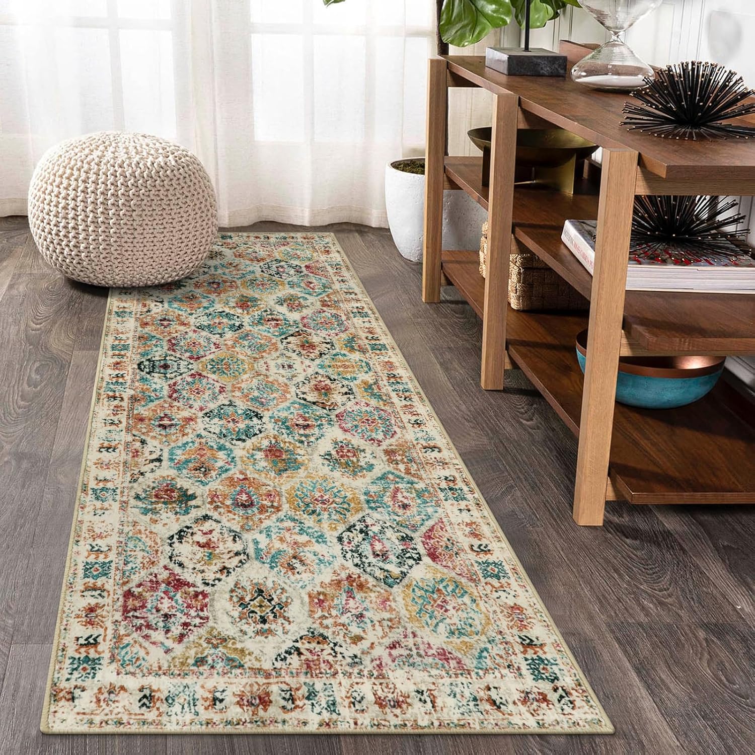 Lahome Alfombras de pasillo de cocina antideslizantes, lavables, suaves con respaldo de goma, enrejado marroquí de pelo bajo, alfombra de interior