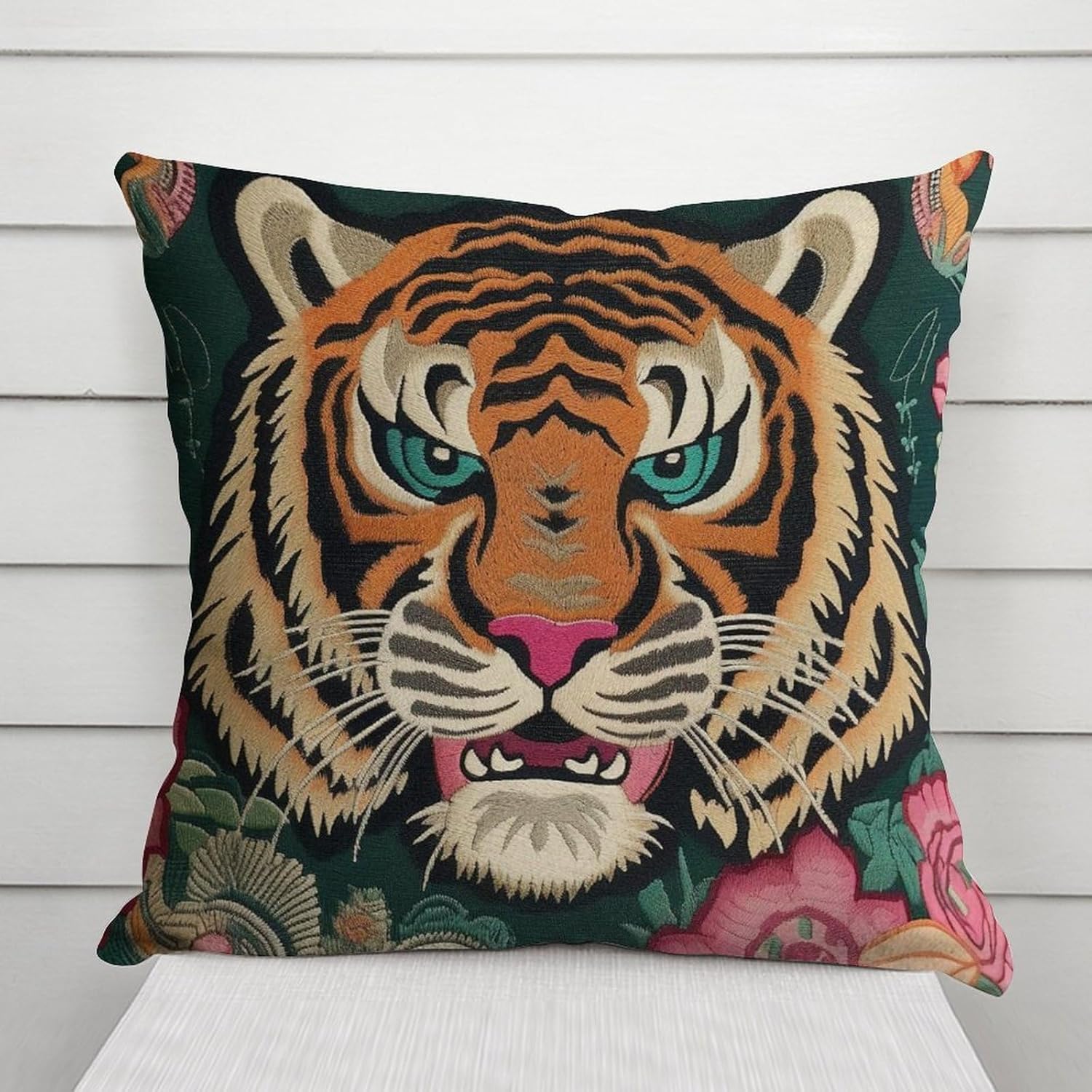 Funda de almohada con estampado de tigre, color rosa, verde y turquesa, negro, funda de almohada colorida de animales chinoiserie, 18 x 18 pulgadas,