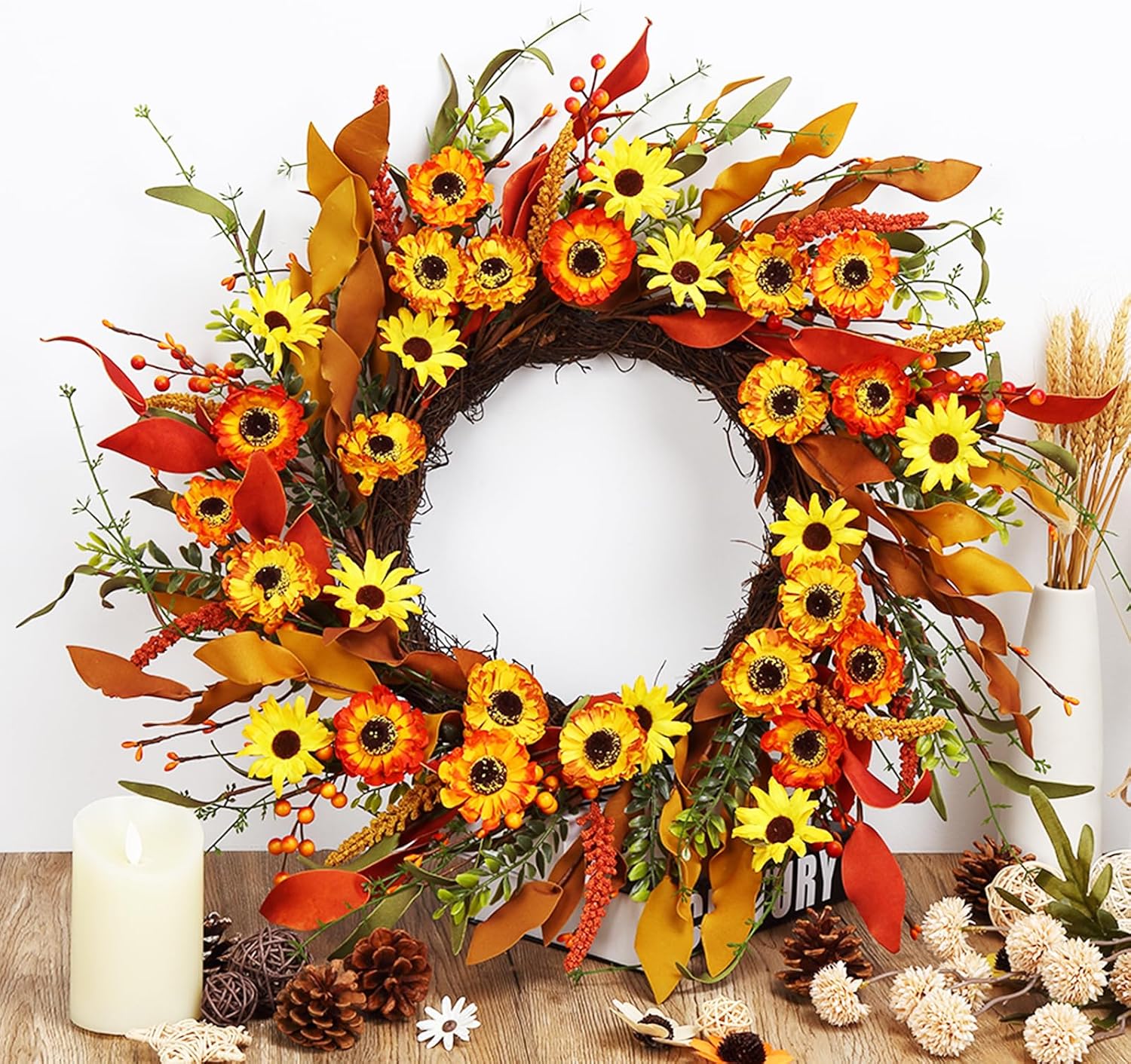 Corona artificial de otoño de 20 pulgadas, corona de otoño para puerta delantera, coronas de Acción de Gracias, corona de flores de margarita