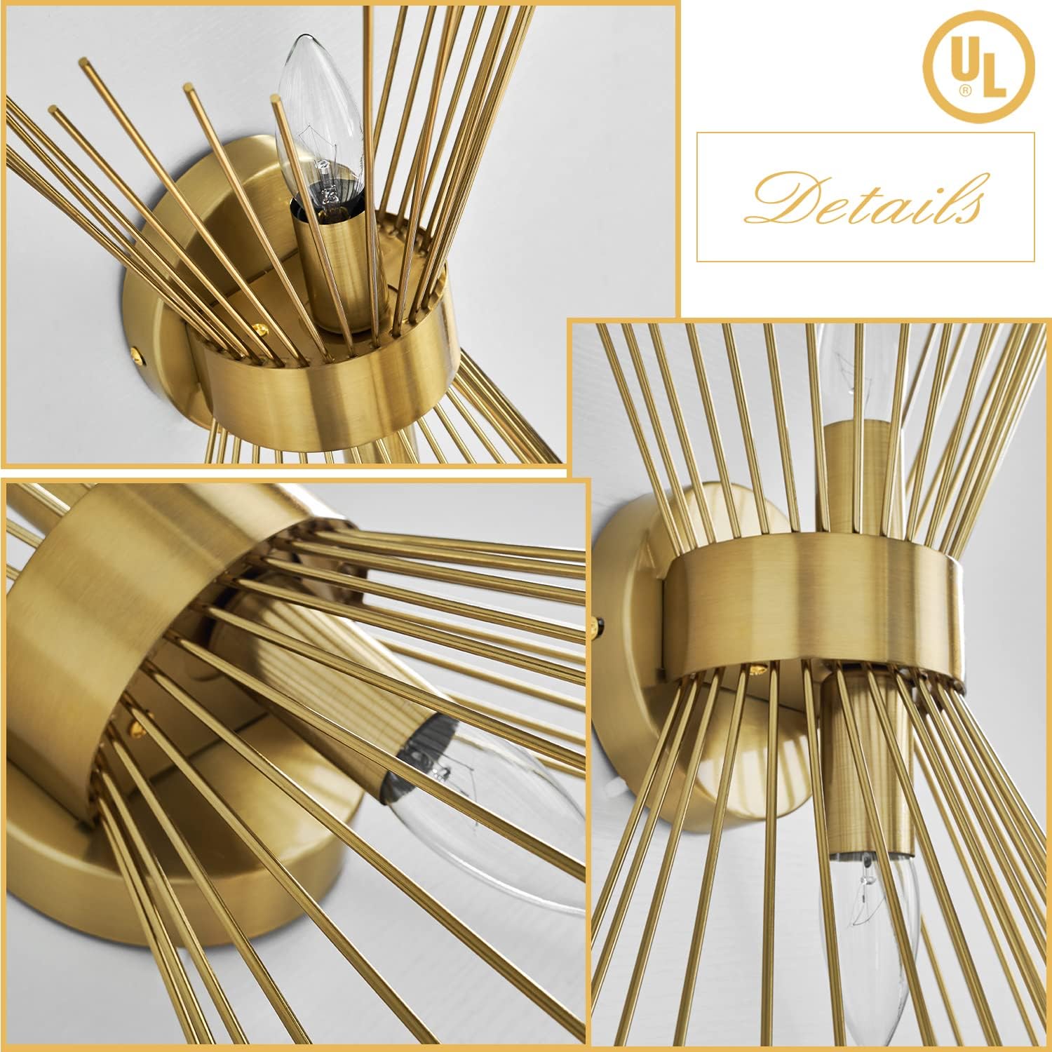 Lámpara de tocador de baño de 2 luces, moderna lámpara de pared dorada Starburst de mediados de siglo, lámpara de pared de latón galvanizado para