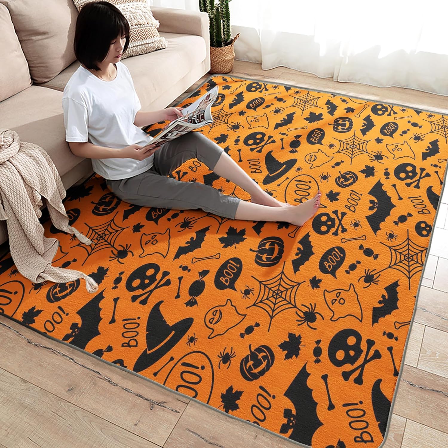 Alfombra de Halloween y decoración del hogar, alfombra de 3 x 5, naranja y negro, para sala de estar, dormitorio, alfombra temática de Halloween,