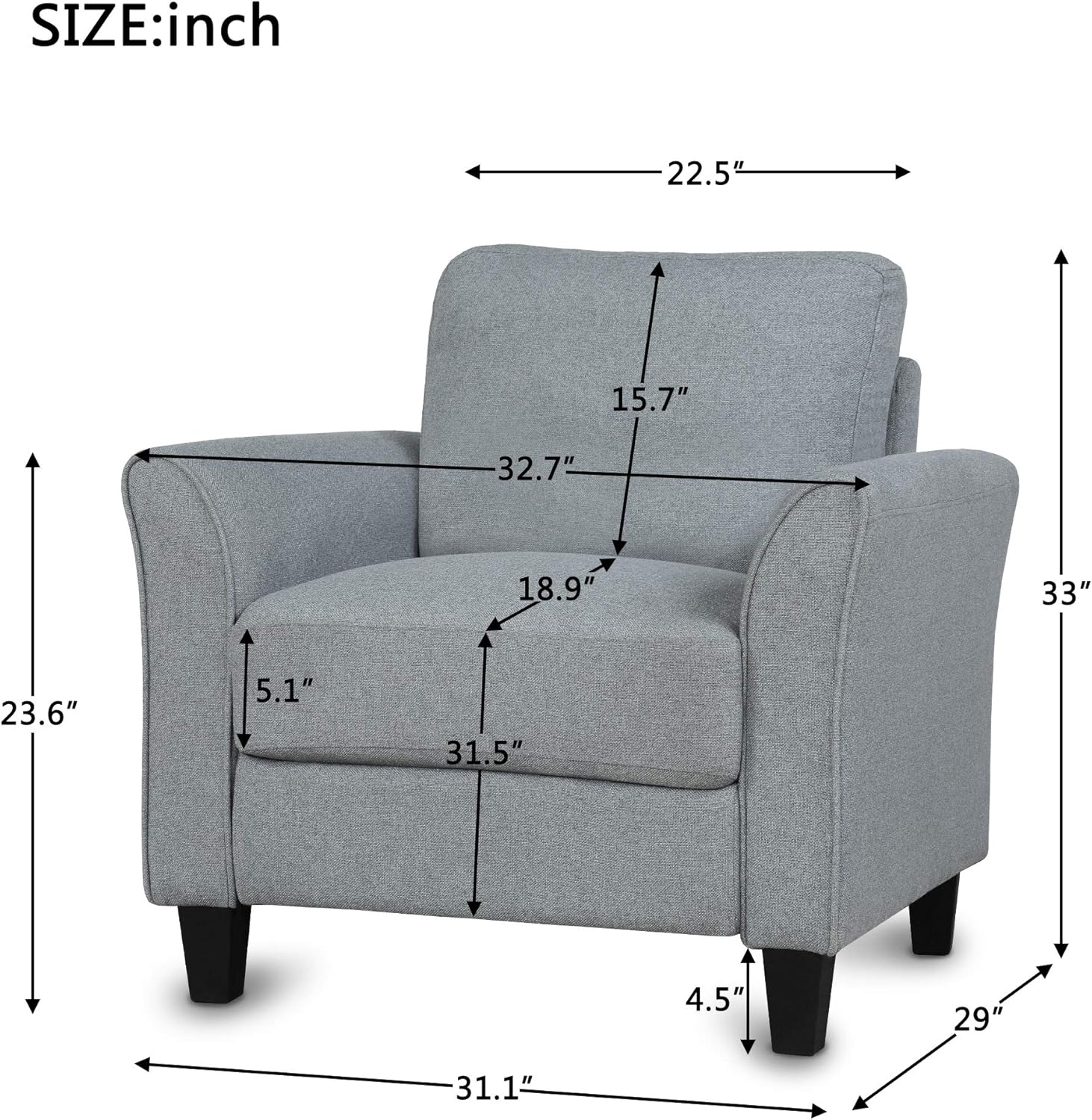 Harper&Bright Designs – Juego de sofá tapizado de tela de lino para sala de estar (asiento individual, gris)