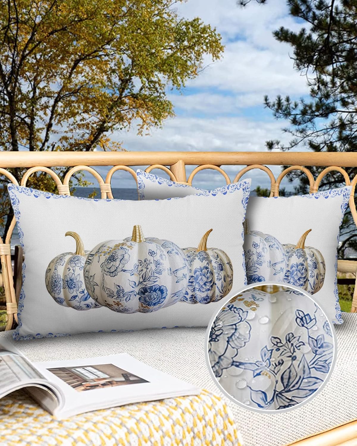 Chinoiserie – Juego de 2 fundas de almohada de porcelana impermeables para sofá, fundas de almohada decorativas de cosecha de otoño de 20 x 12