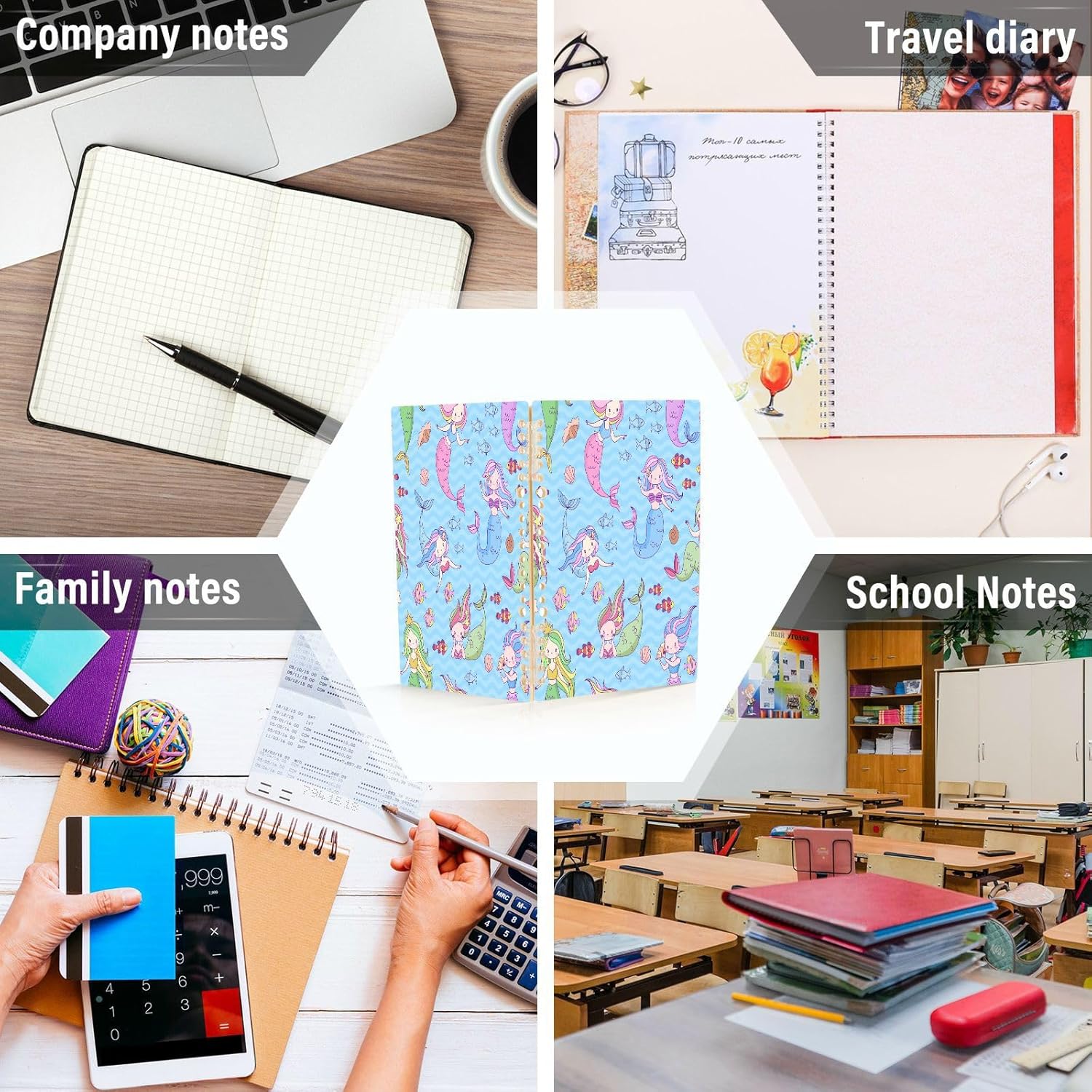 Kigai Cute Mermaid Girl Spiral Notebook 1-Pack with Repositionable Dividers-College Ruled Paper, Fights Ink Bleed – 60 Pages of 80GSM Paper with