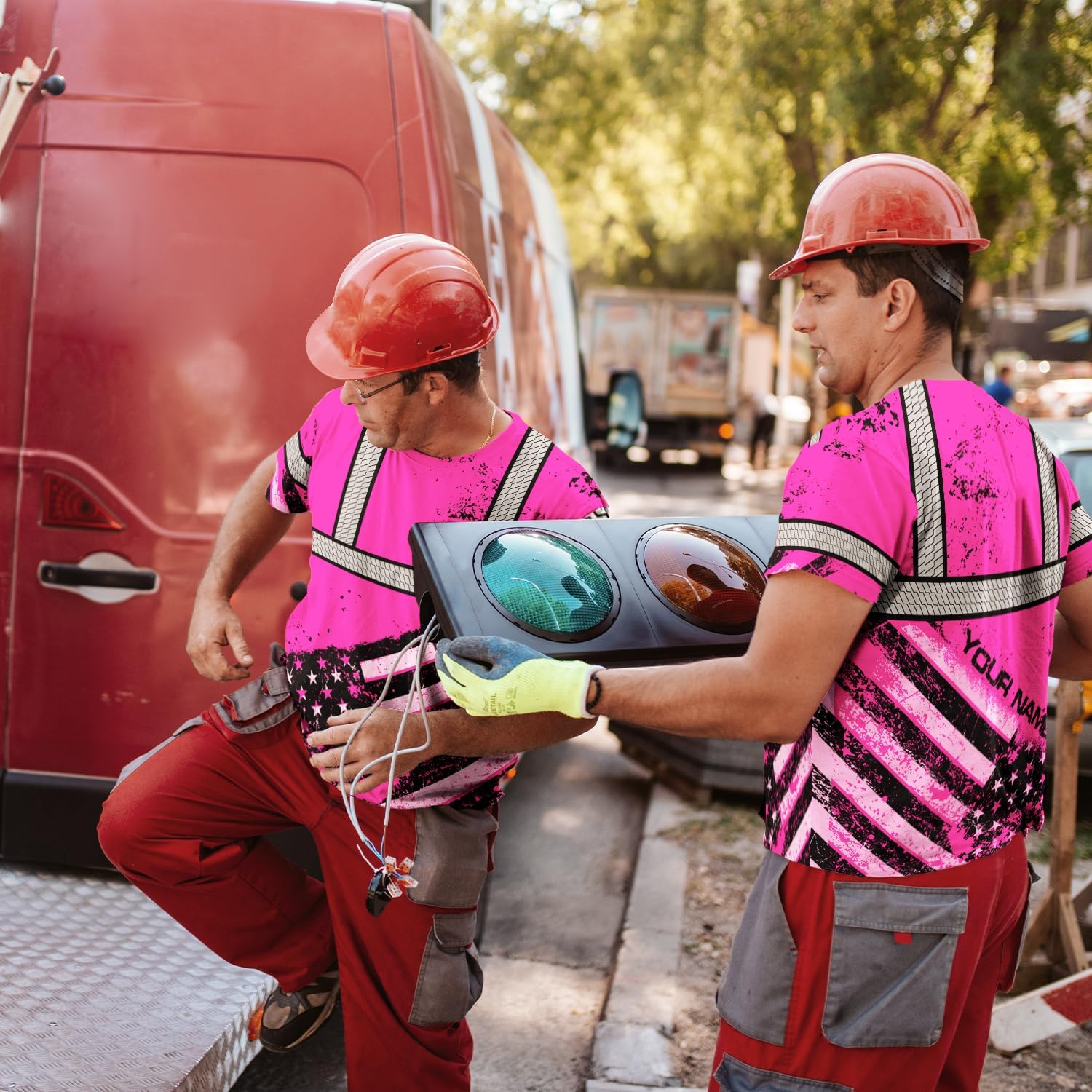 HiVis Custom Camisa de alta visibilidad de calavera con bandera de Estados Unidos para hombres, camisas de seguridad con nombre personalizado, ropa