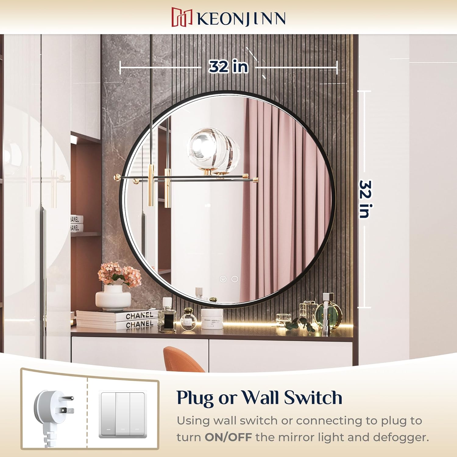 Keonjinn Espejo LED redondo negro para baño con luces 3000 K4500 K6000 K, espejo de tocador con marco de metal montado en la pared, espejo de