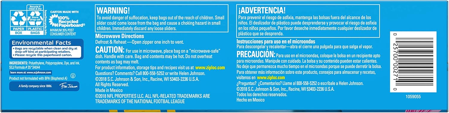 Ziploc Bolsas de almacenamiento con cierre deslizante, con diseño de la NFL, galón, 305557, 1
