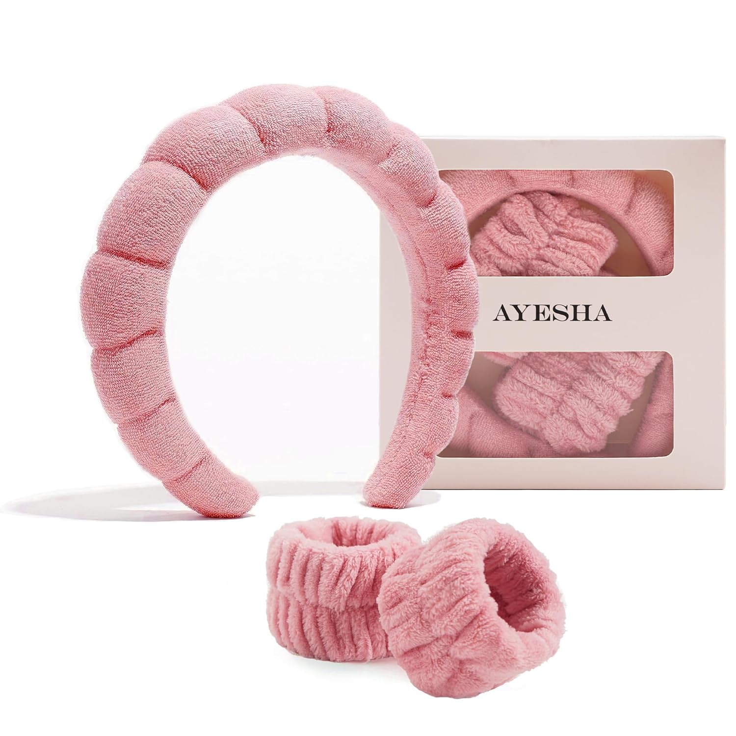Ayesha Juego de diadema y pulsera de spa para el cuidado de la piel, lavado de cara, diadema de maquillaje, muñequeras para cuidado de la piel