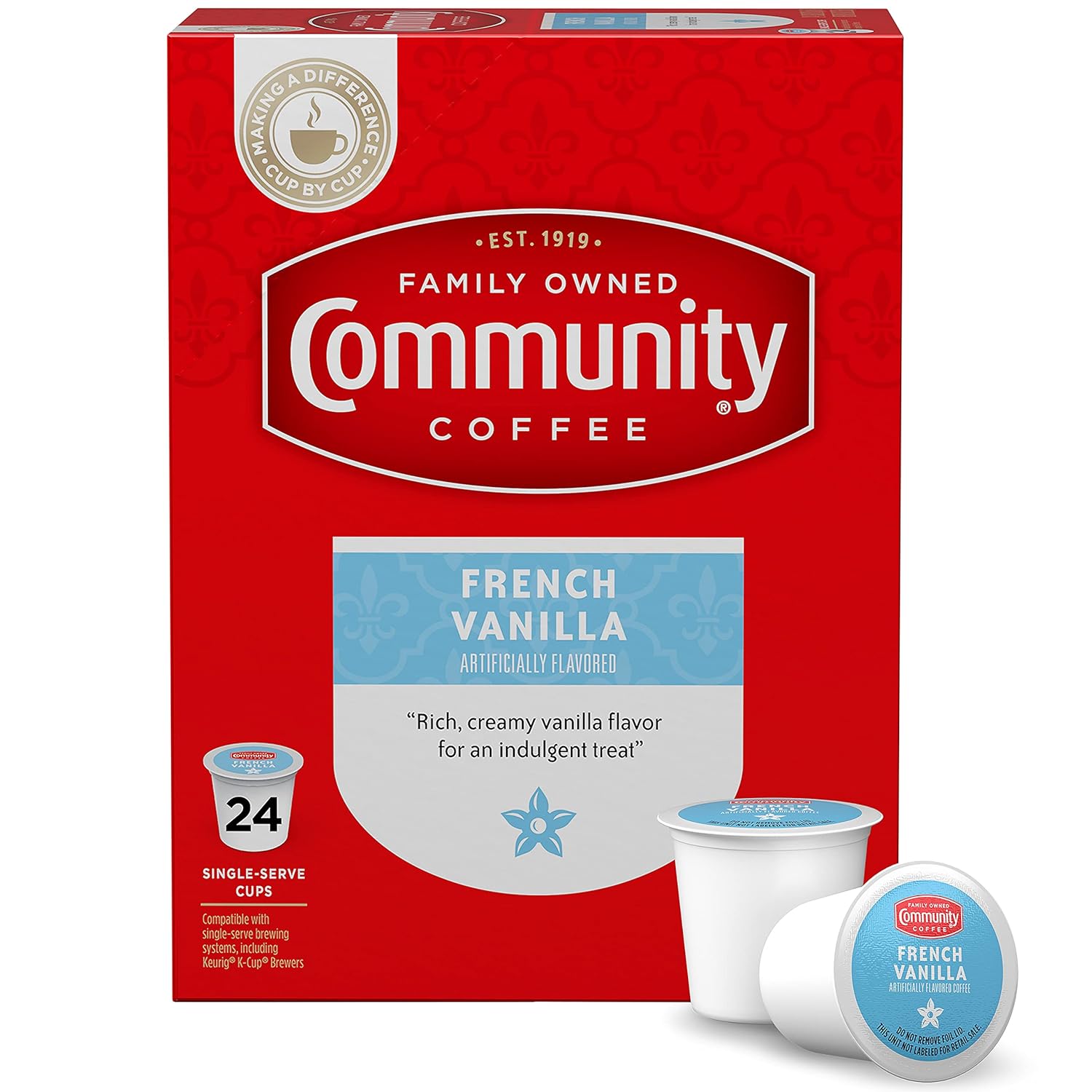 Community Coffee Caja individual de tostado medio, sabor vainilla francesa, 24 unidades