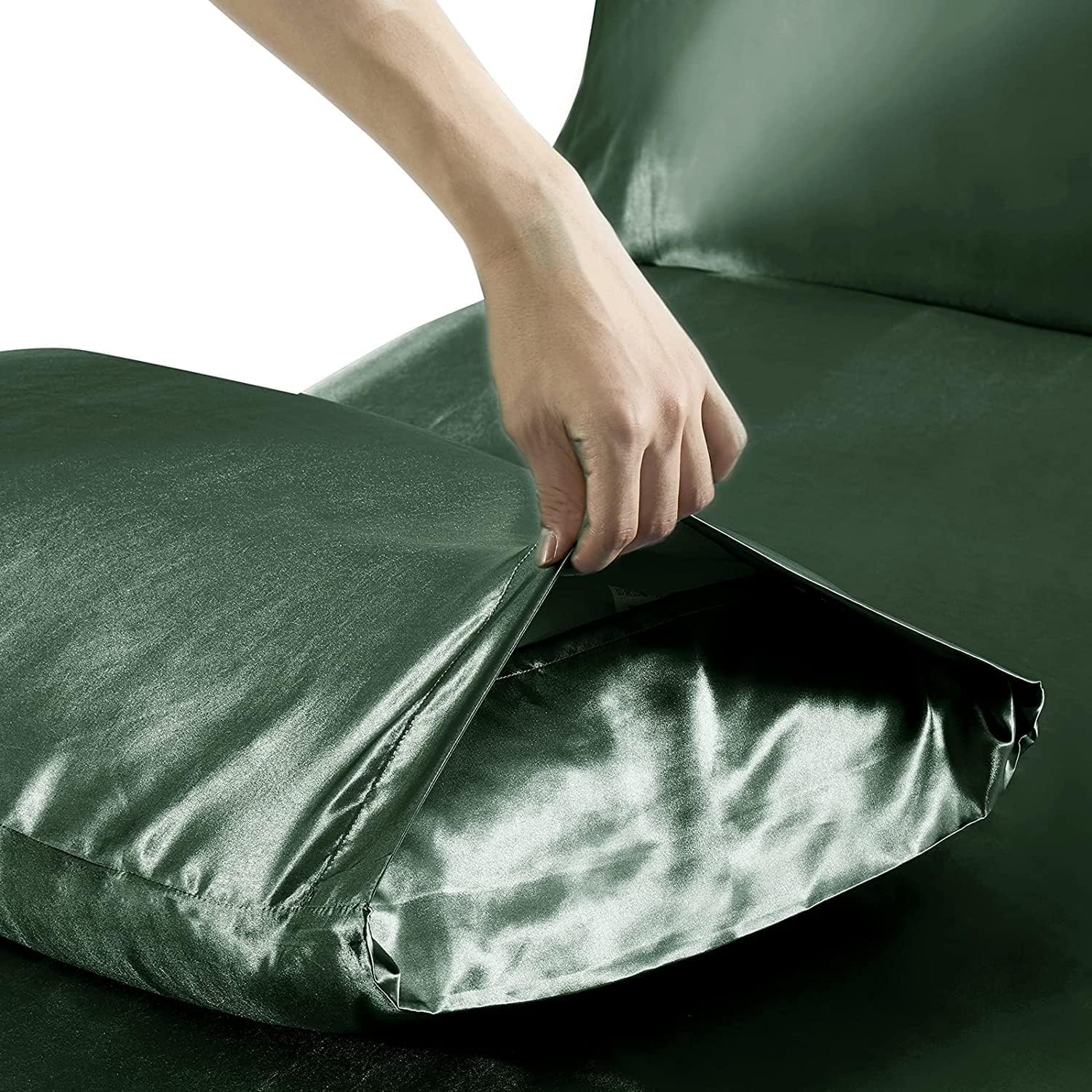 RMS BEDDING Juego de sábanas de satén de seda de 7 piezas, tamaño Queen, color verde esmeralda con 1 sábana bajera de bolsillo profundo de hasta 15