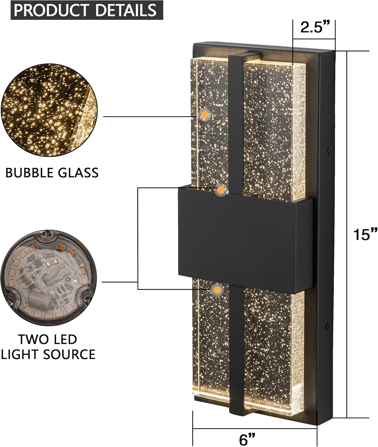 Luces LED de pared para exteriores, 15 pulgadas, color negro, para porche, para casa, aplique de pared moderno exterior con cristal de cristal,