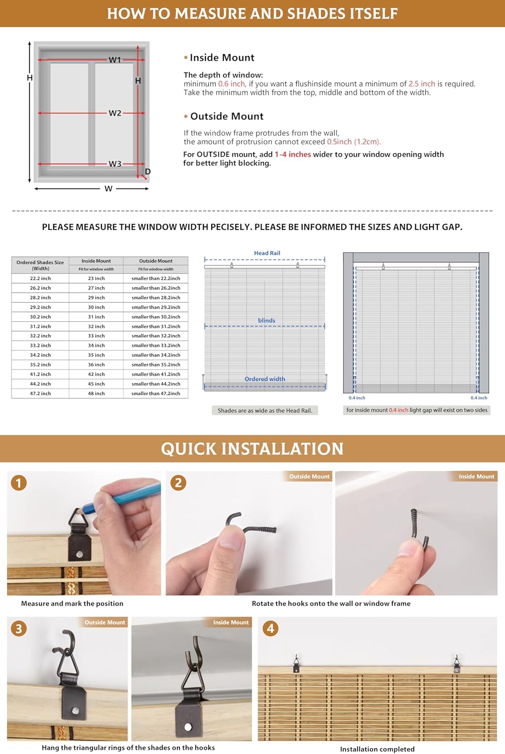 LazBlinds Persianas de bambú sin cordón, persianas enrollables de bambú para ventanas, persianas colgantes con filtro de luz, persianas de bambú