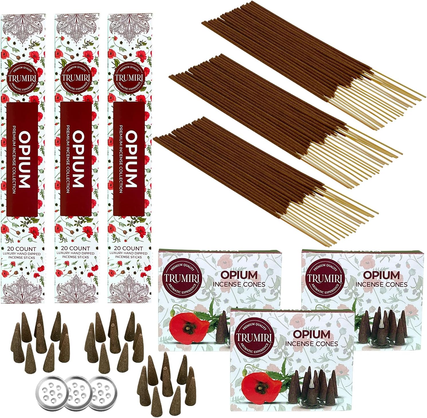 Paquete combinado de varillas de incienso y conos de incienso perfumados de opio, 60 varillas de incienso + 30 conos de insencia, incienso, conos de