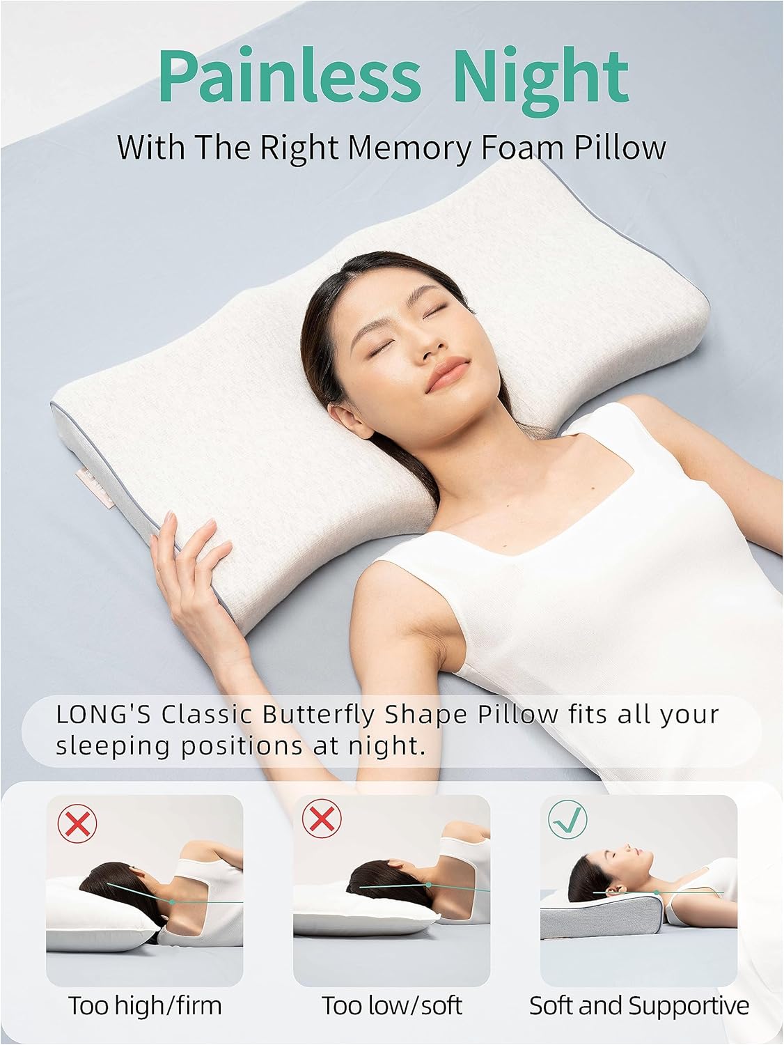 LONG’S Almohada de espuma viscoelástica para aliviar el dolor de cuello y hombros, soporte cervical ajustable en altura con diseño ergonómico,