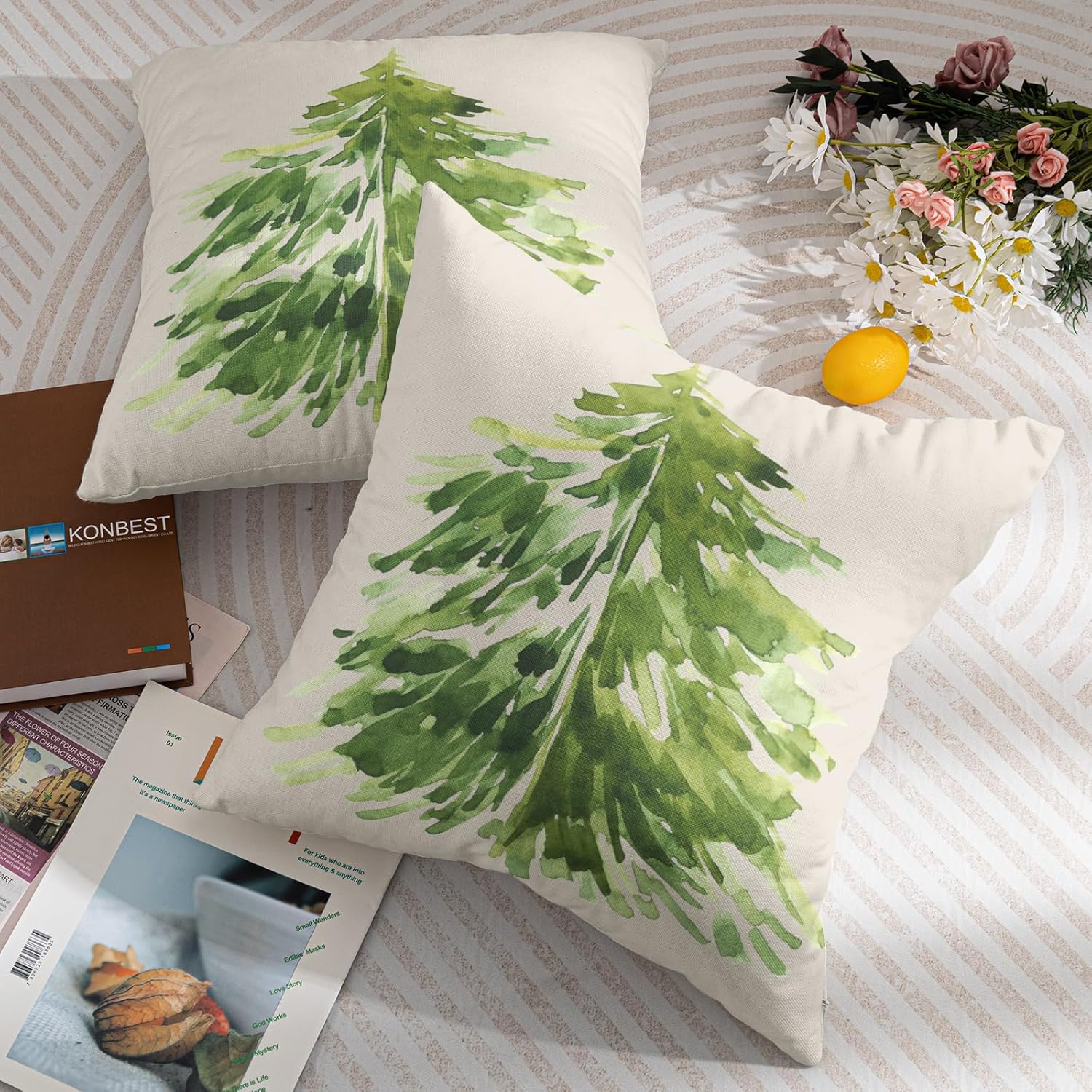 Juego de 2 fundas de almohada de árbol de Navidad en acuarela de 18 x 18 pulgadas, diseño rústico de pino verde con estampado de pinos para