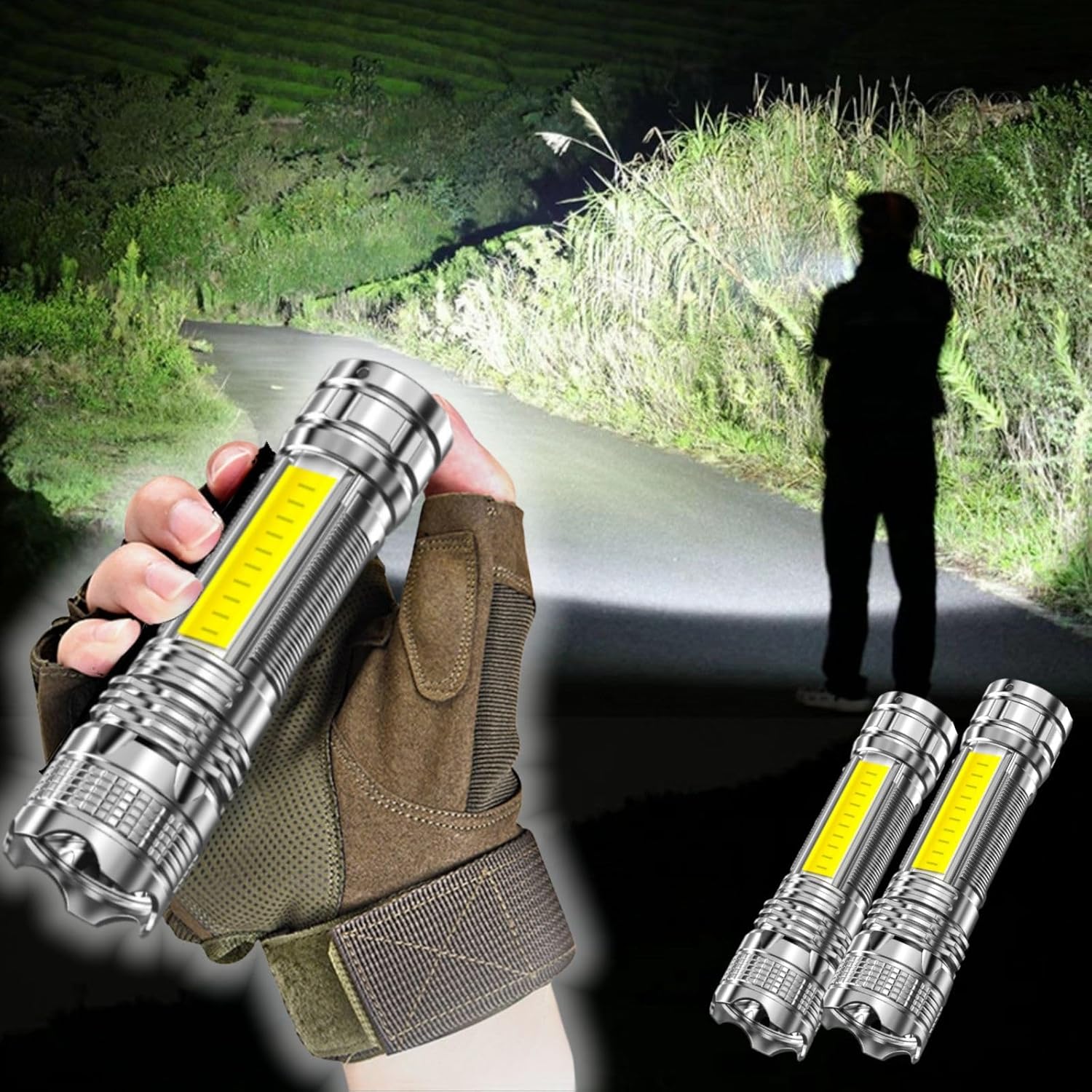 Paquete de 2 linternas LED, 100000 lúmenes, linterna súper brillante, zoomable, linterna recargable con 4 modos, potente linterna de mano (paquete
