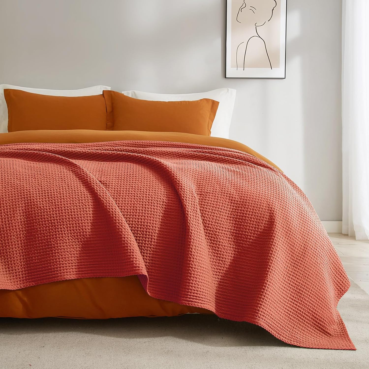 PHF – Manta 100% algodón tejido gofre tamaño Queen 90 x 90 pulgadas, manta suave y transpirable prelavada, para todas las estaciones, capa perfecta
