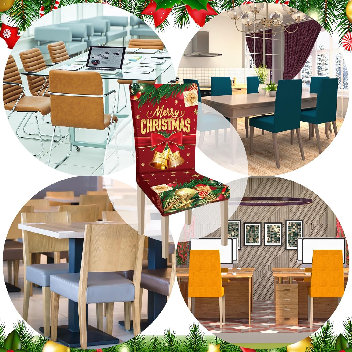 Ganeen 6 fundas navideñas para sillas de Navidad, cubierta trasera para silla, funda elástica para asiento de Navidad, lavable, para comedor,