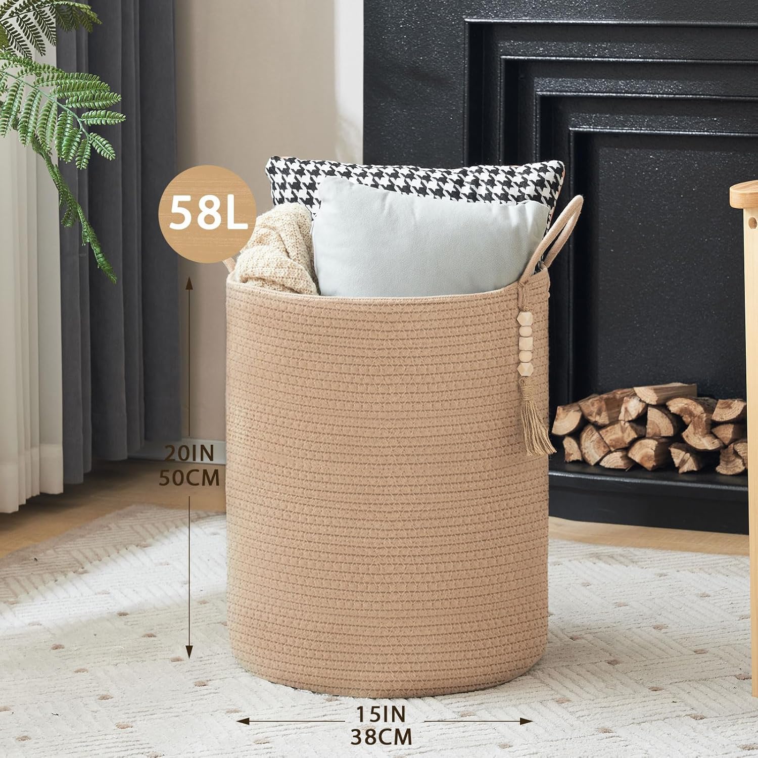 Cesta de lavandería tejida de 58 litros, canasta alta para mantas, cesta de ropa para lavandería, dormitorio, sala de estar, decoración del hogar,