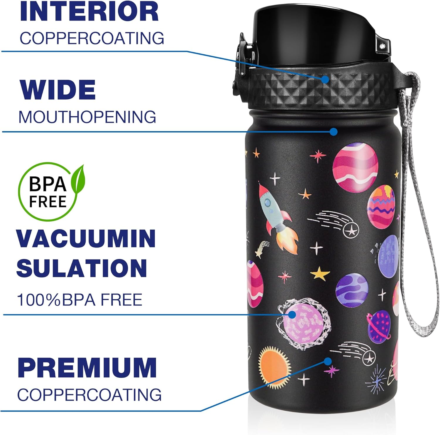 GOPPUS Botella de agua aislada para niños, botella de viaje de acero inoxidable 188 de 14 onzas sin BPA con popote de doble pared al vacío a prueba