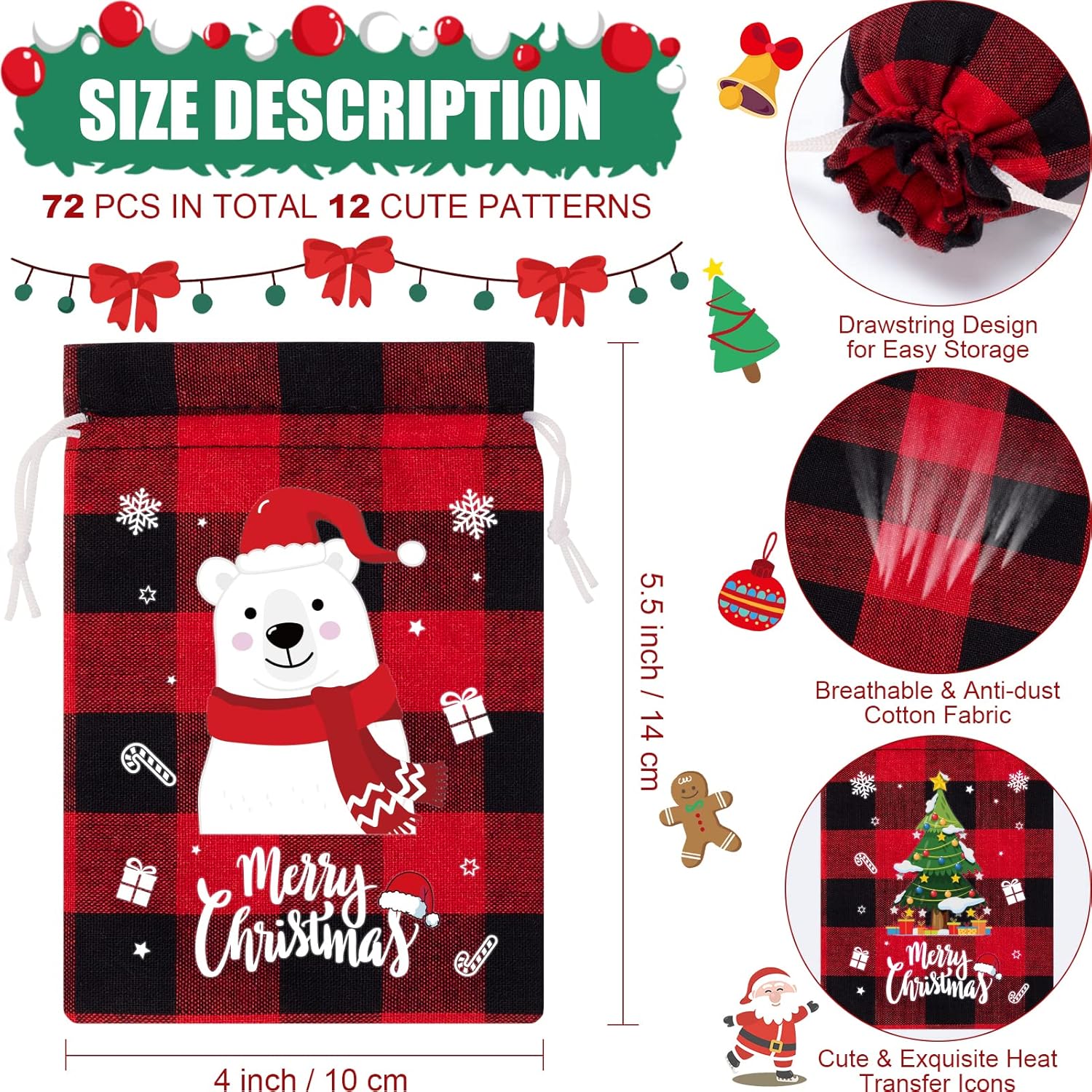 72 bolsas de arpillera con cordón de Navidad, bolsas de regalo de Navidad a cuadros, bolsas de arpillera para dulces de Navidad, pequeñas bolsas de