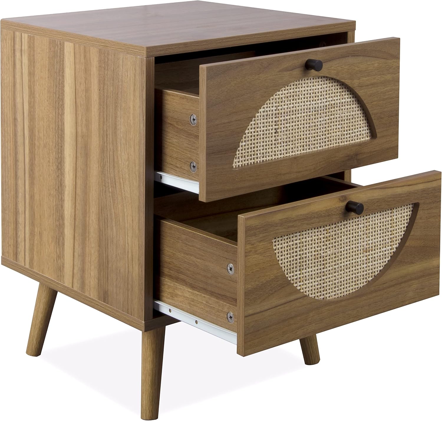 ORRD Juego de 2 mesitas de noche de ratán con cajones de almacenamiento, mesa auxiliar de madera para decoración del hogar para sala de estar,