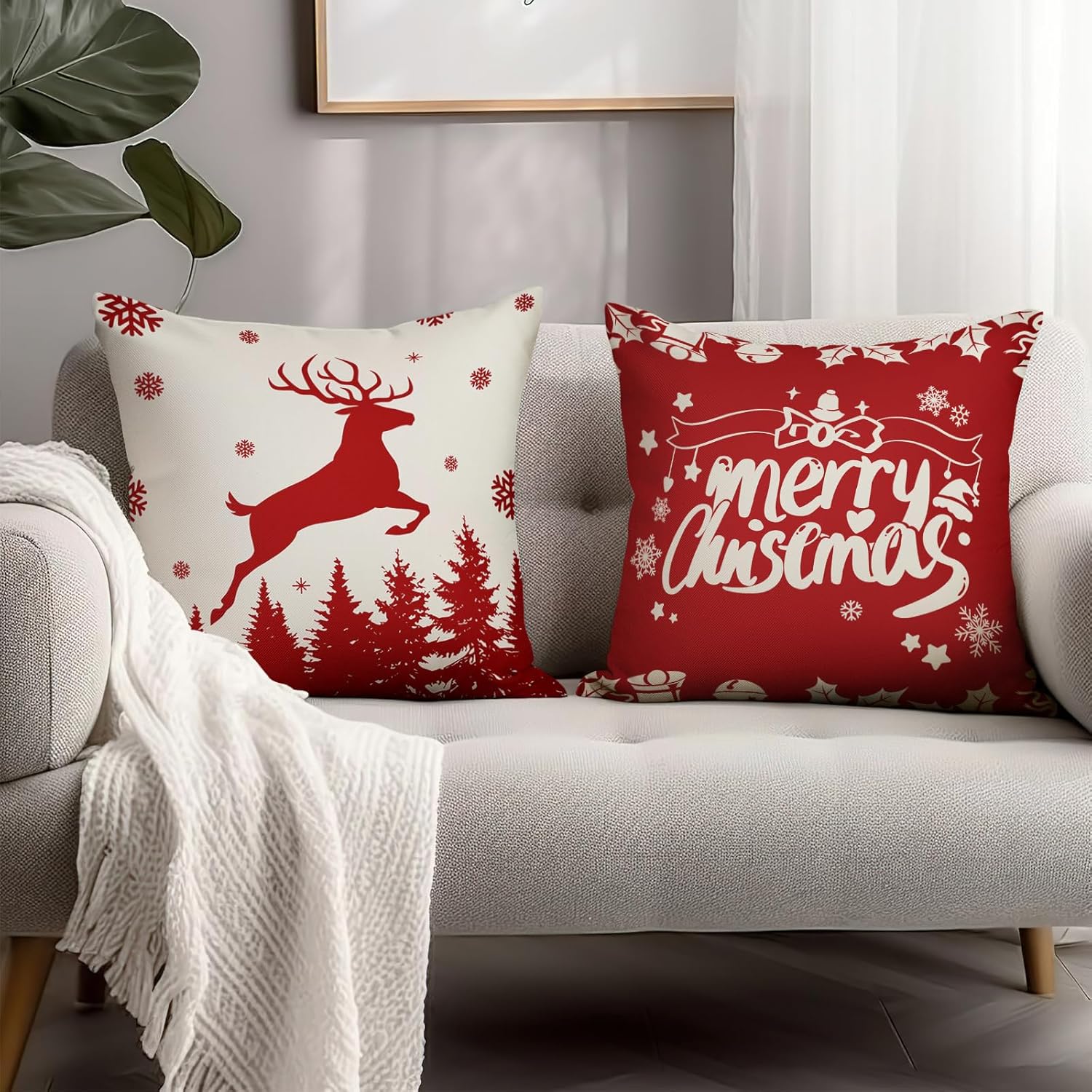 Fundas de almohada de reno de invierno de 18 x 18 pulgadas, funda de almohada de árbol de Navidad, fundas de almohada de lino para decoración de